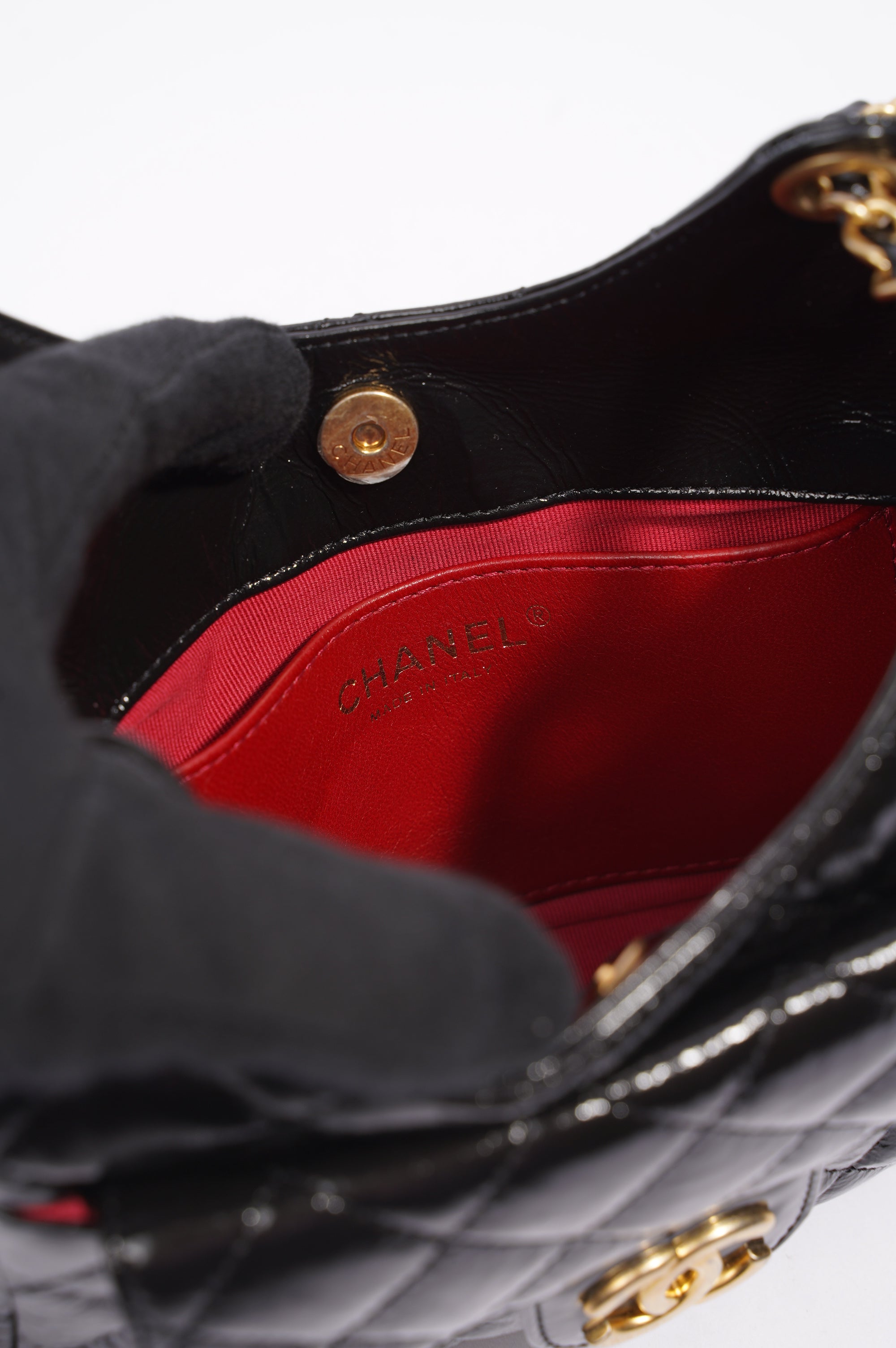 Chanel Womens Patent Leather Hobo Bag Black Small