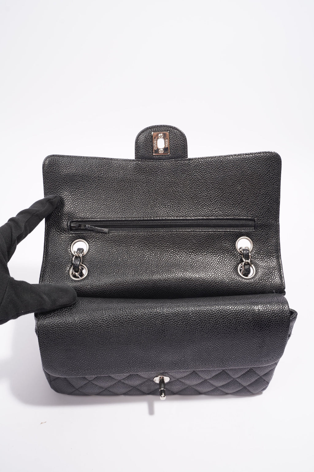 Chanel Double Classic Flap Bag Black Caviar Leather Medium
