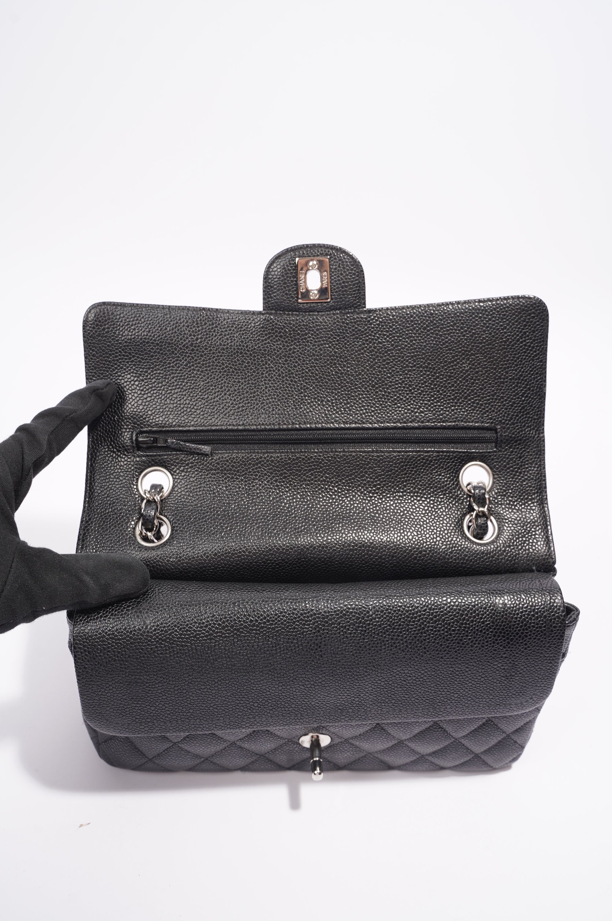 Chanel Double Classic Flap Bag Black Caviar Leather Medium