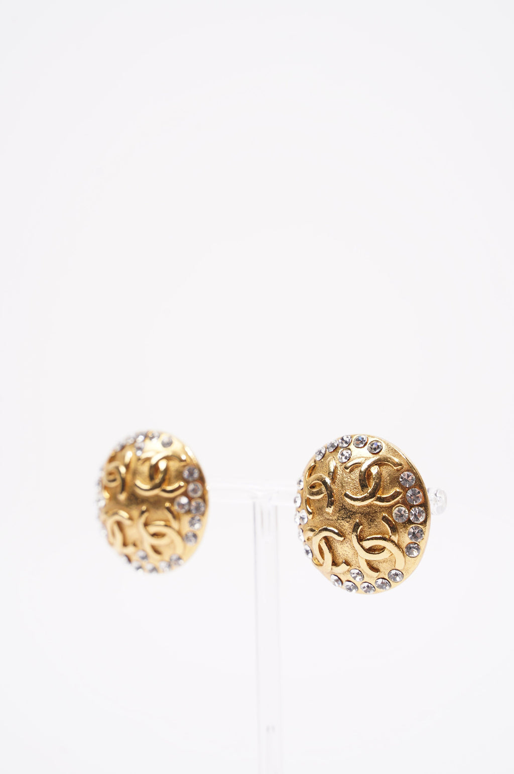 Chanel Womens CC with Crystals Earrings Gold Finish Base Metal 1980-90