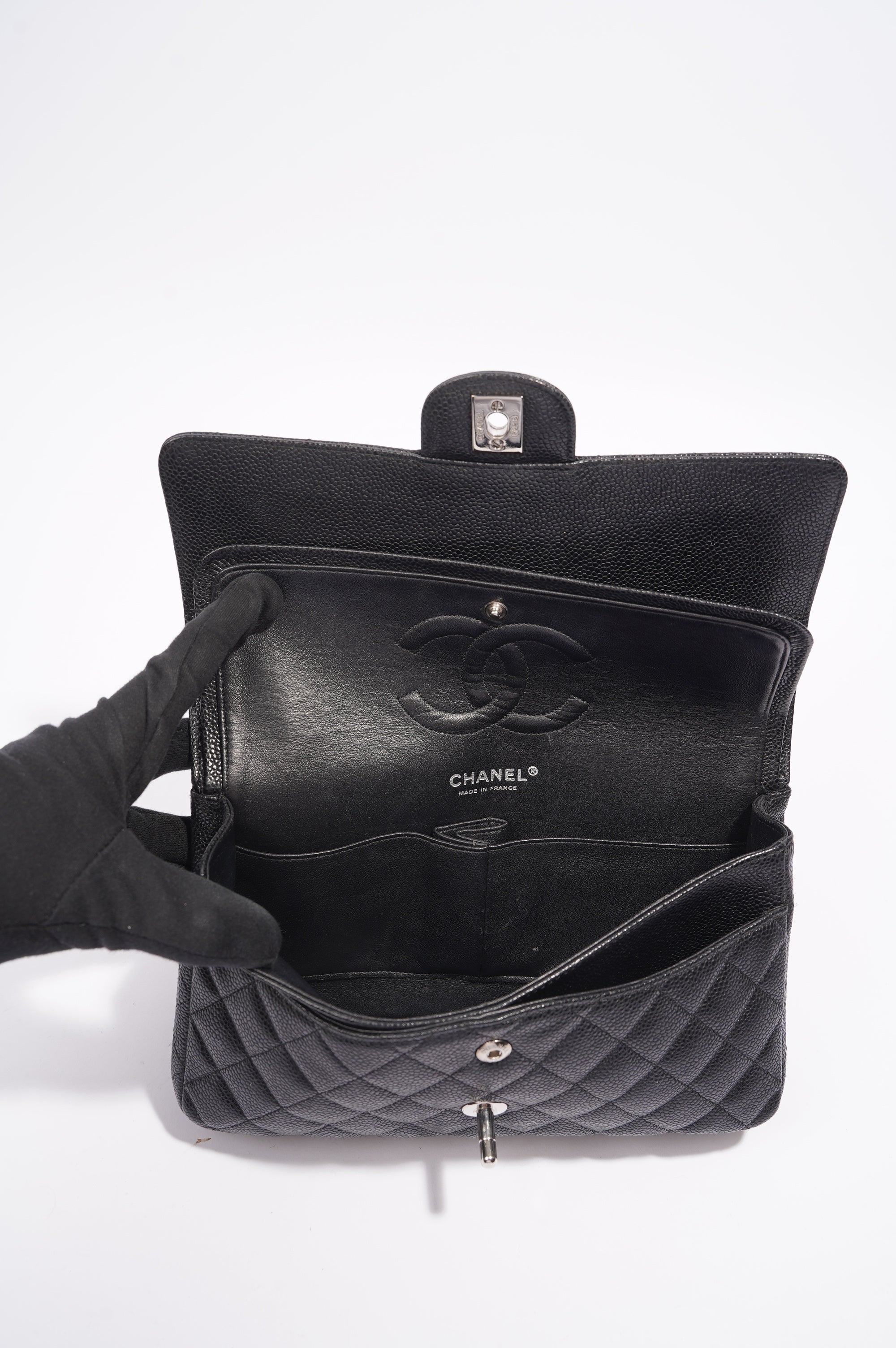 Chanel Double Classic Flap Bag Black Caviar Leather Medium
