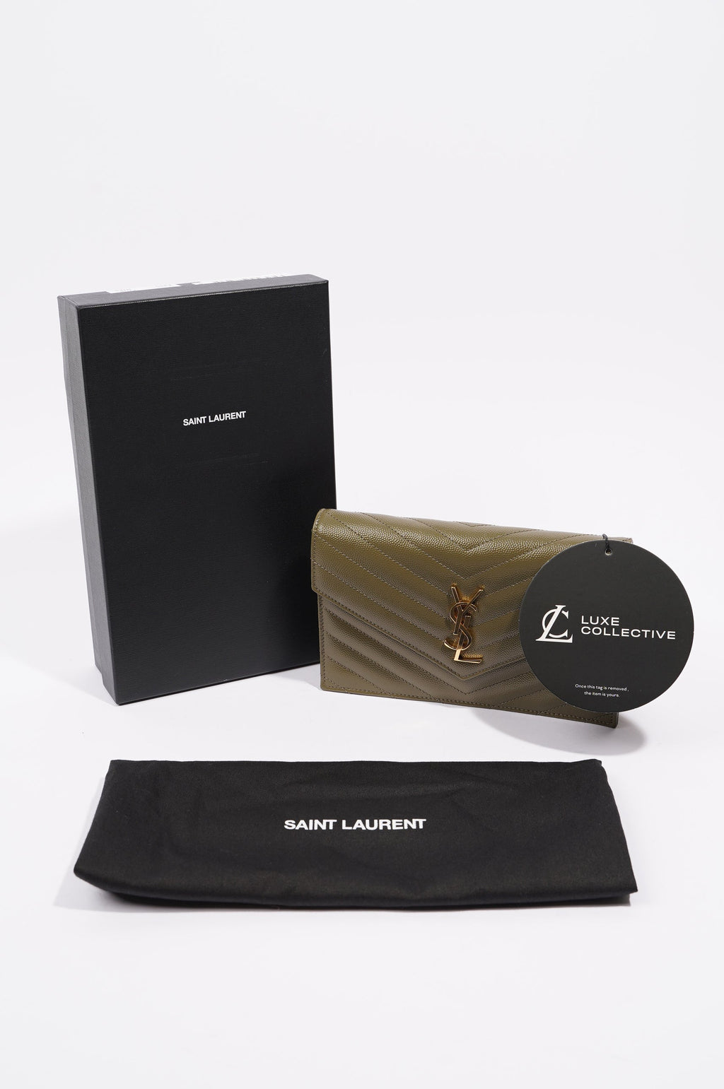 Saint Laurent Womens Cassandra Envelope Chain Wallet Khaki