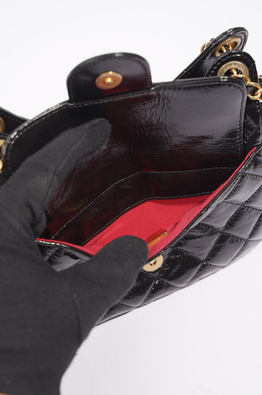 Chanel Womens Patent Leather Hobo Bag Black Small