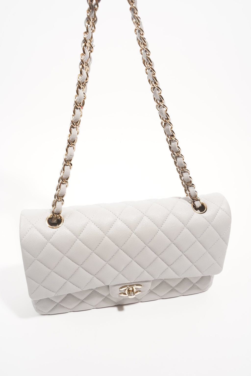 Chanel Womens Classic Flap Grey White Gold Medium