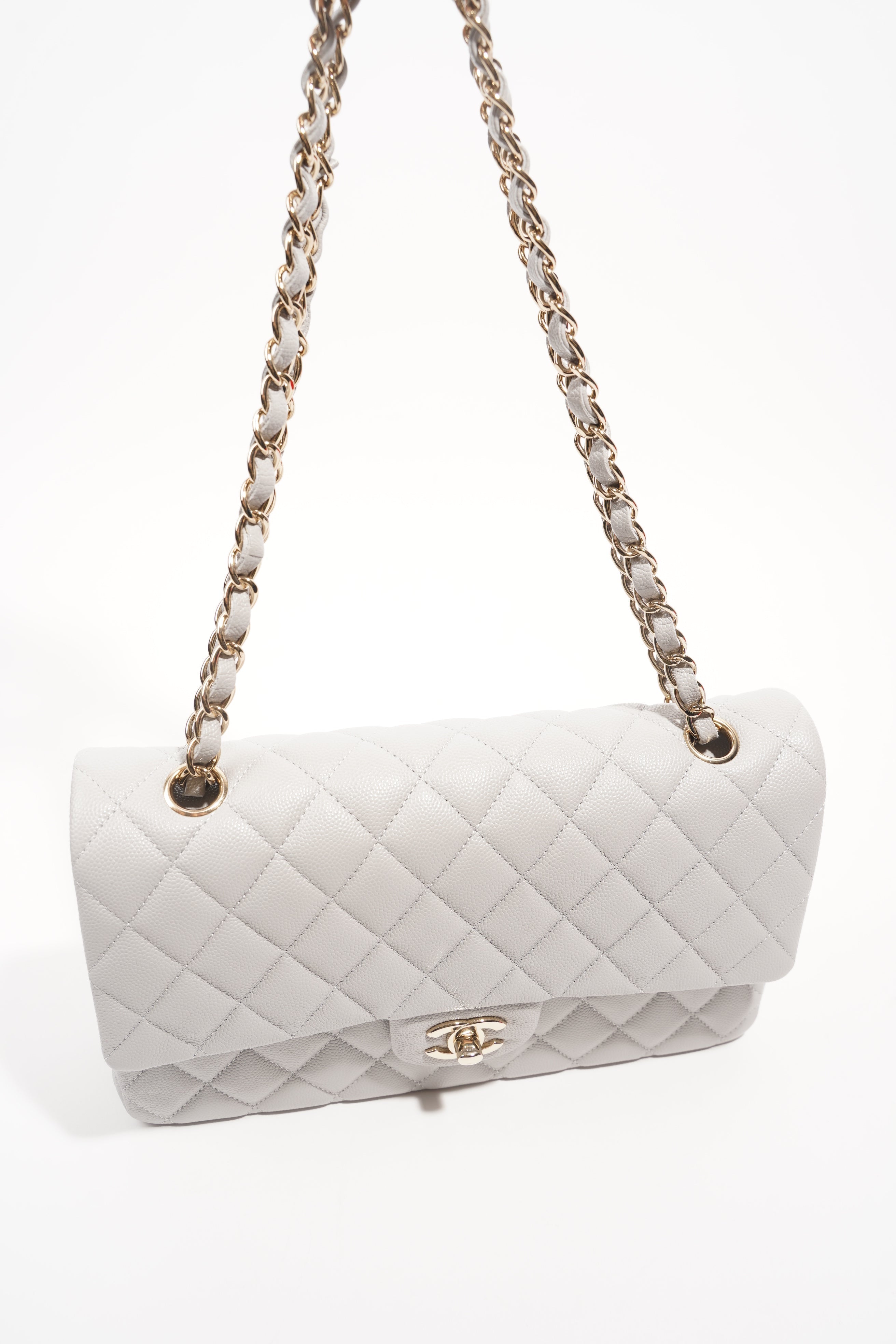 Chanel Womens Classic Flap Grey White Gold Medium