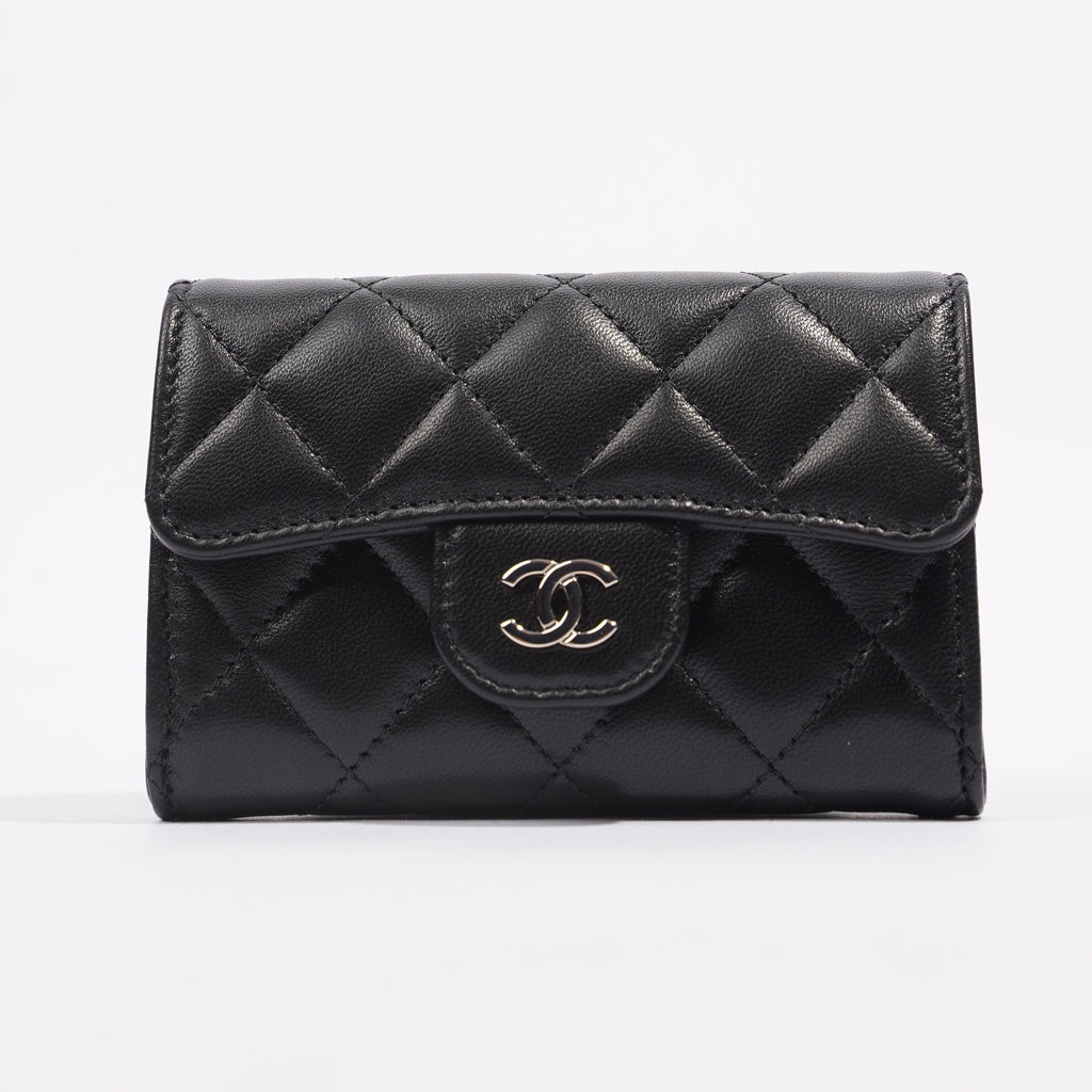Chanel Womens Lambskin Quilted Flap Card Holder Black Leather