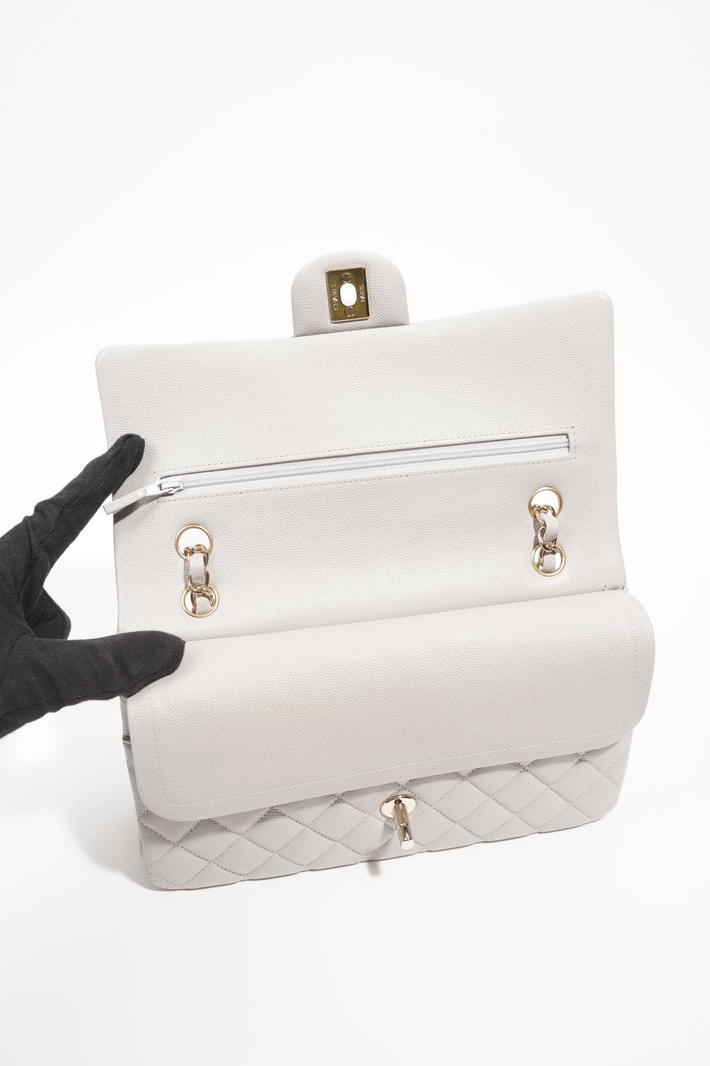 Chanel Womens Classic Flap Grey White Gold Medium