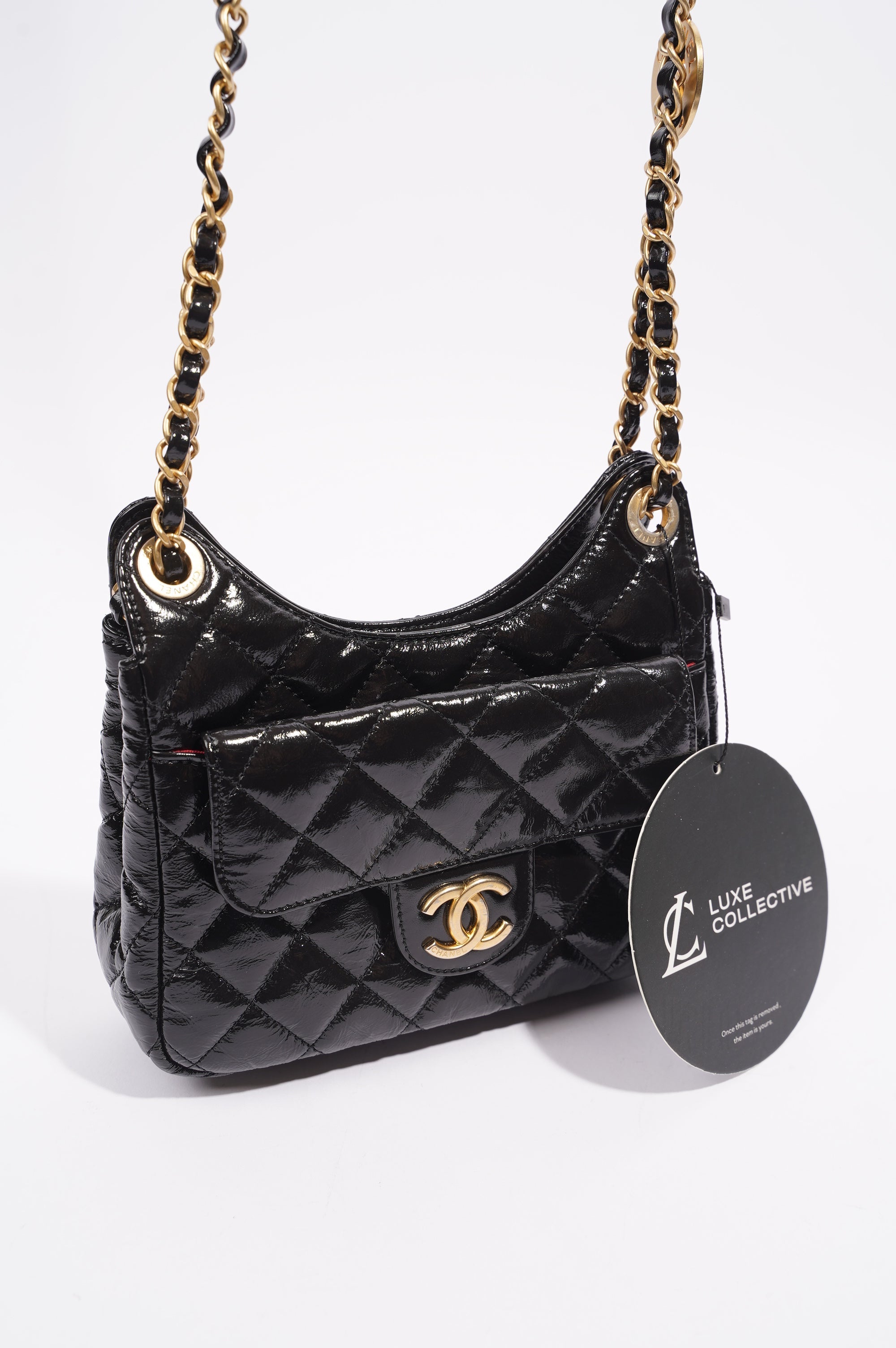 Chanel Womens Patent Leather Hobo Bag Black Small