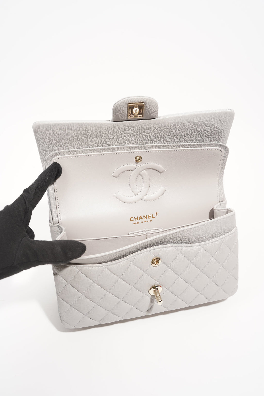 Chanel Womens Classic Flap Grey White Gold Medium