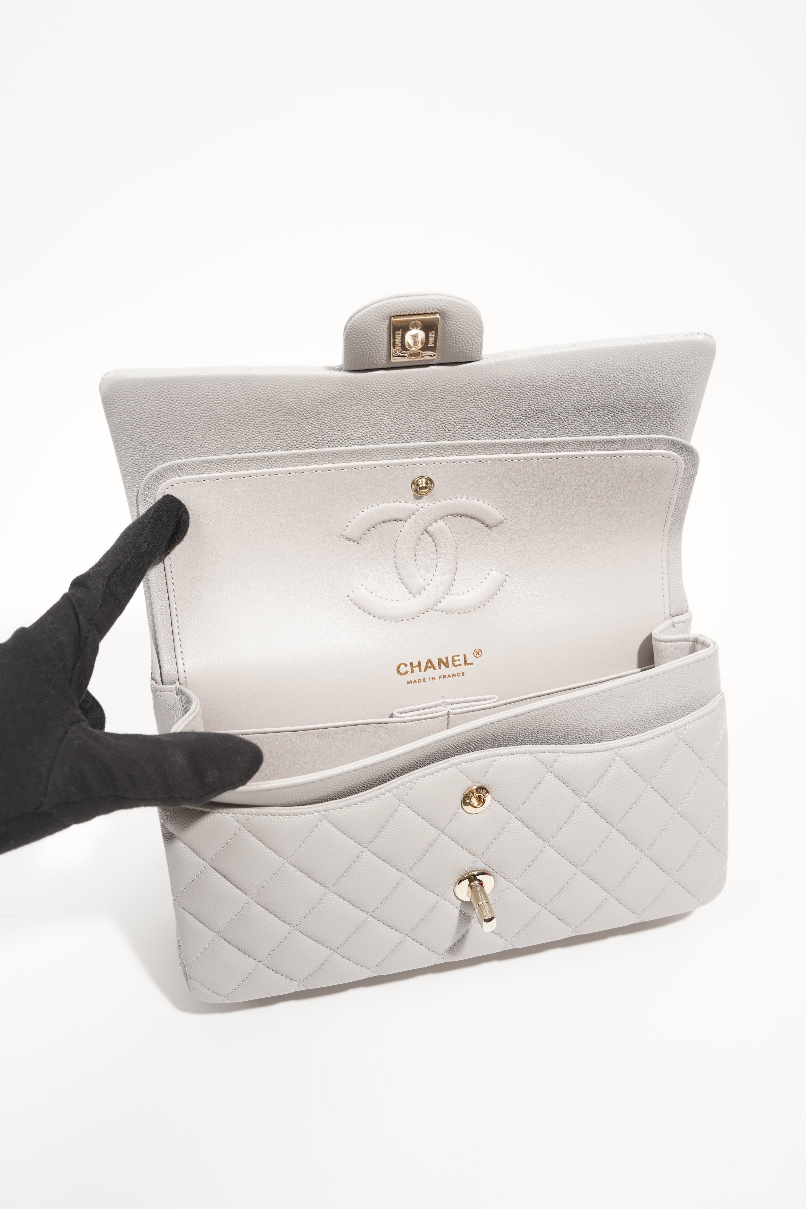 Chanel Womens Classic Flap Grey White Gold Medium