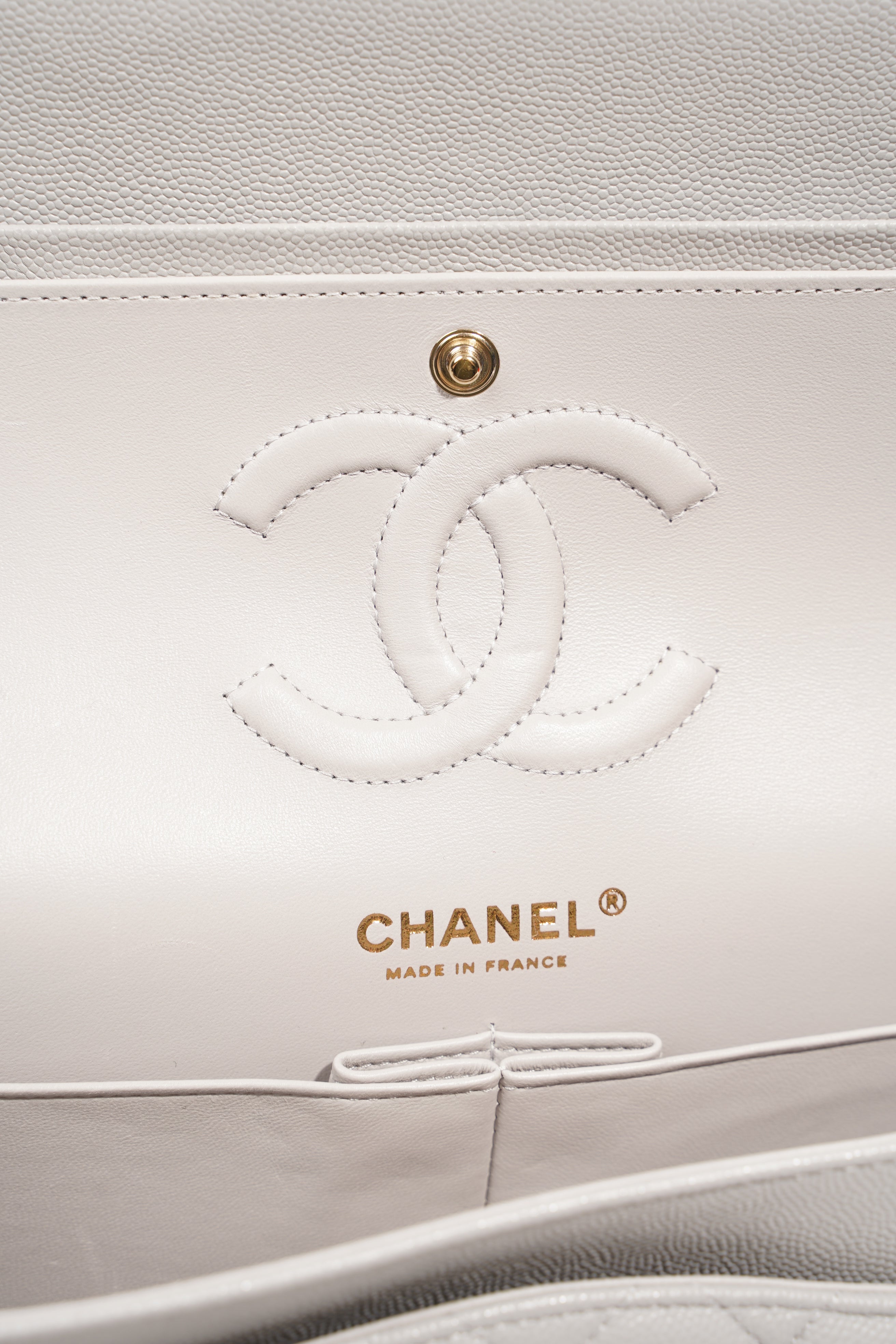 Chanel Womens Classic Flap Grey White Gold Medium