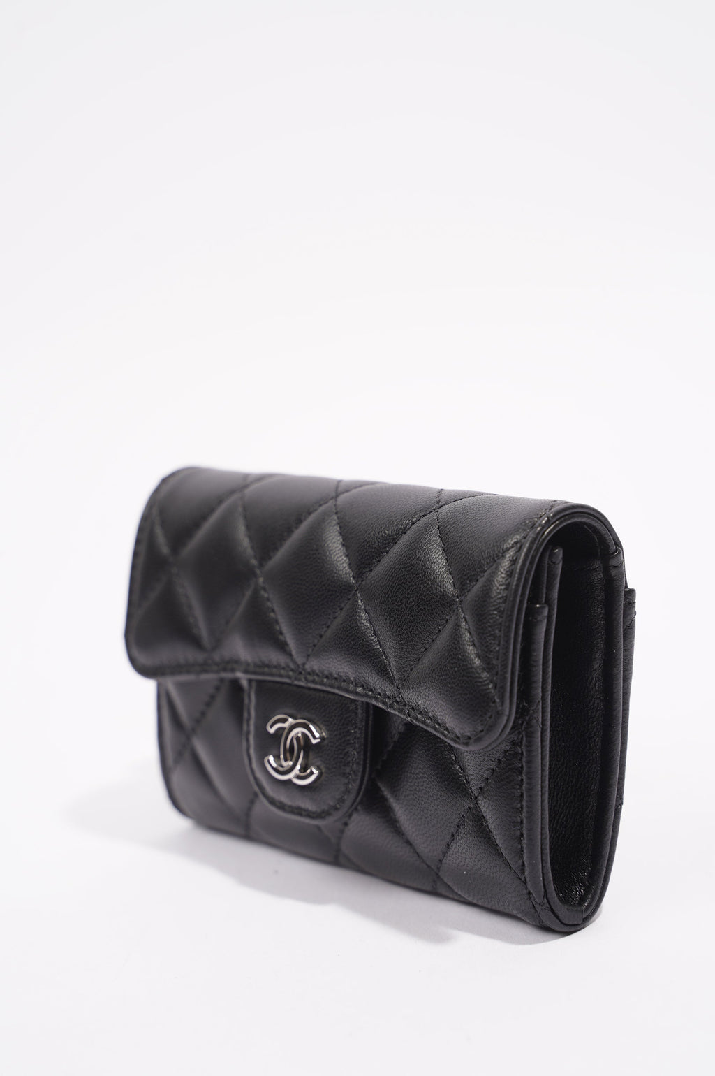 Chanel Womens Lambskin Quilted Flap Card Holder Black Leather