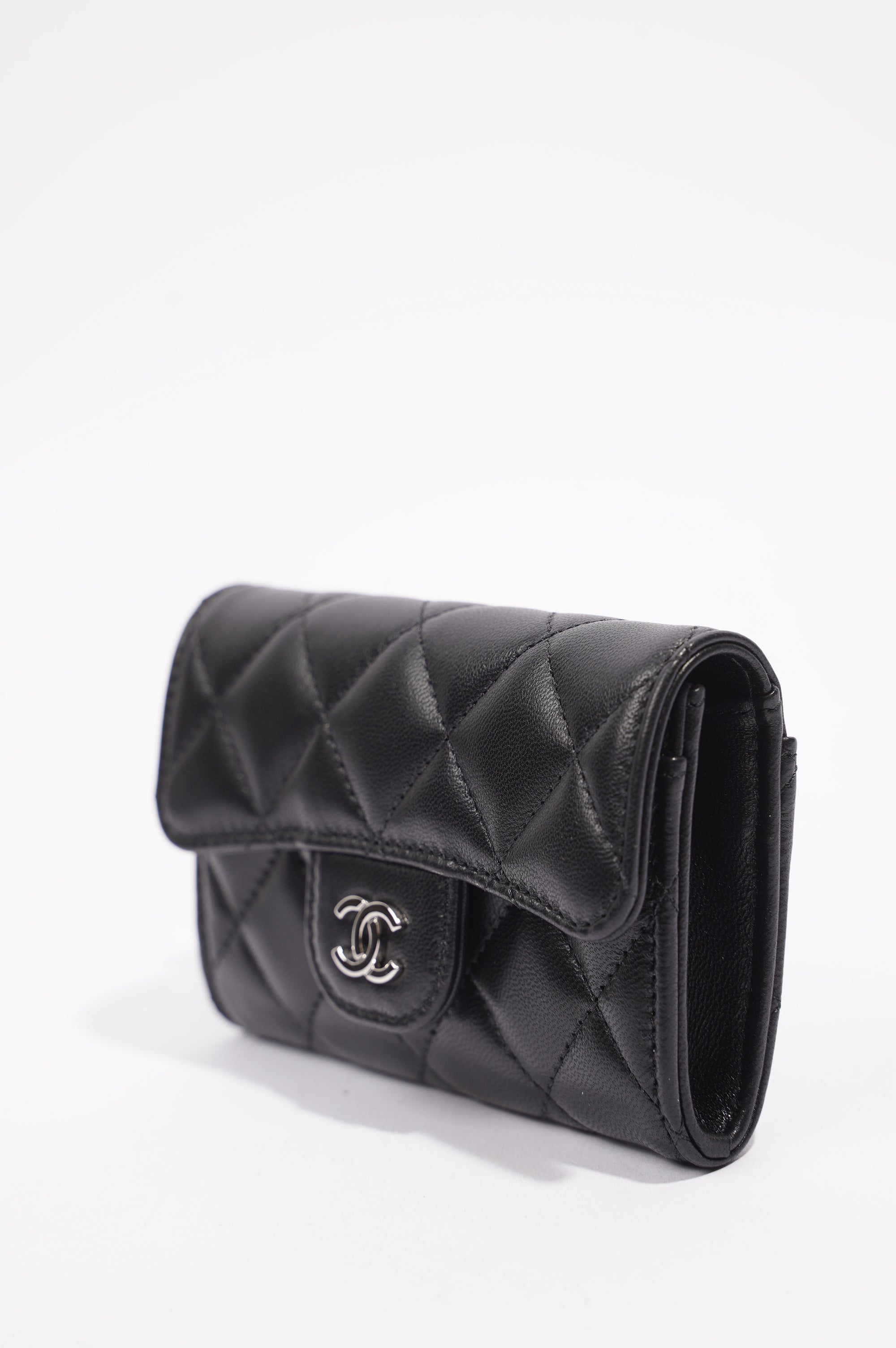 Chanel Womens Lambskin Quilted Flap Card Holder Black Leather