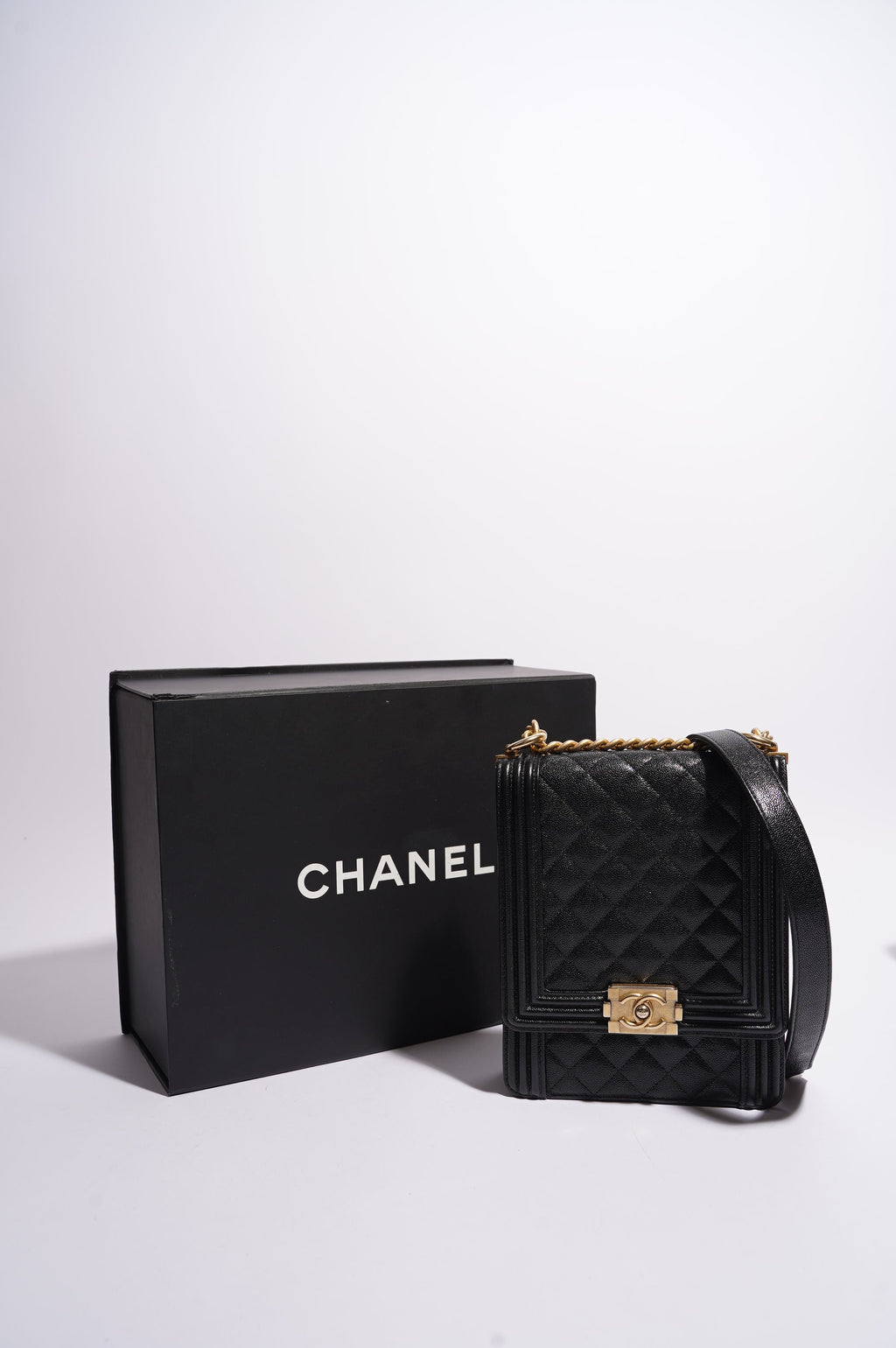 Chanel Womens North South Boy Bag Black Caviar Leather / Gold