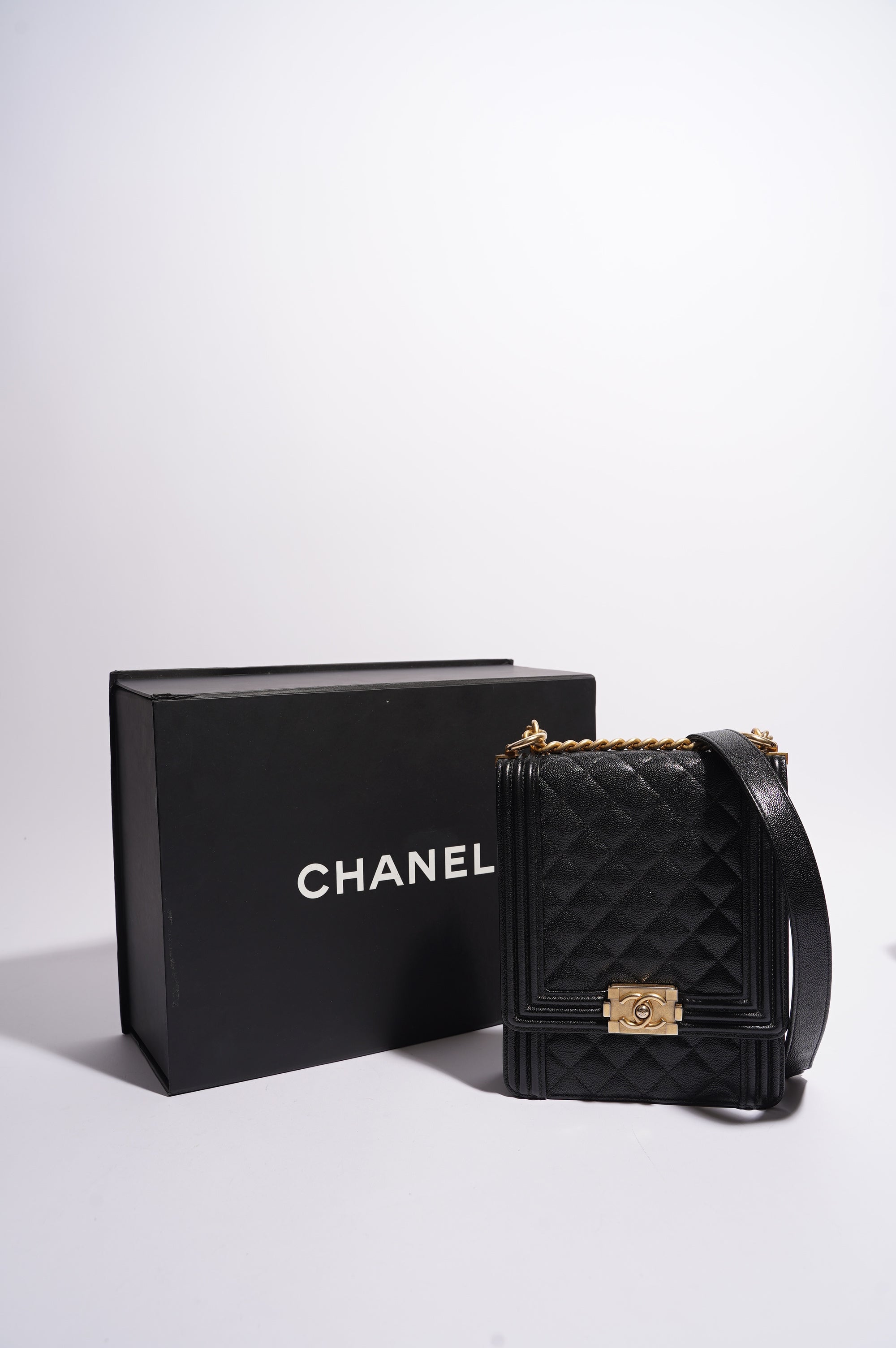 Chanel Womens North South Boy Bag Black Caviar Leather / Gold