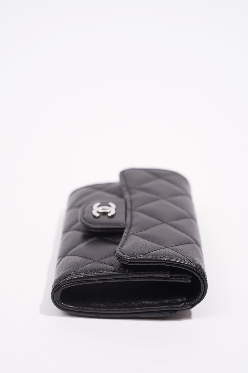 Chanel Womens Lambskin Quilted Flap Card Holder Black Leather