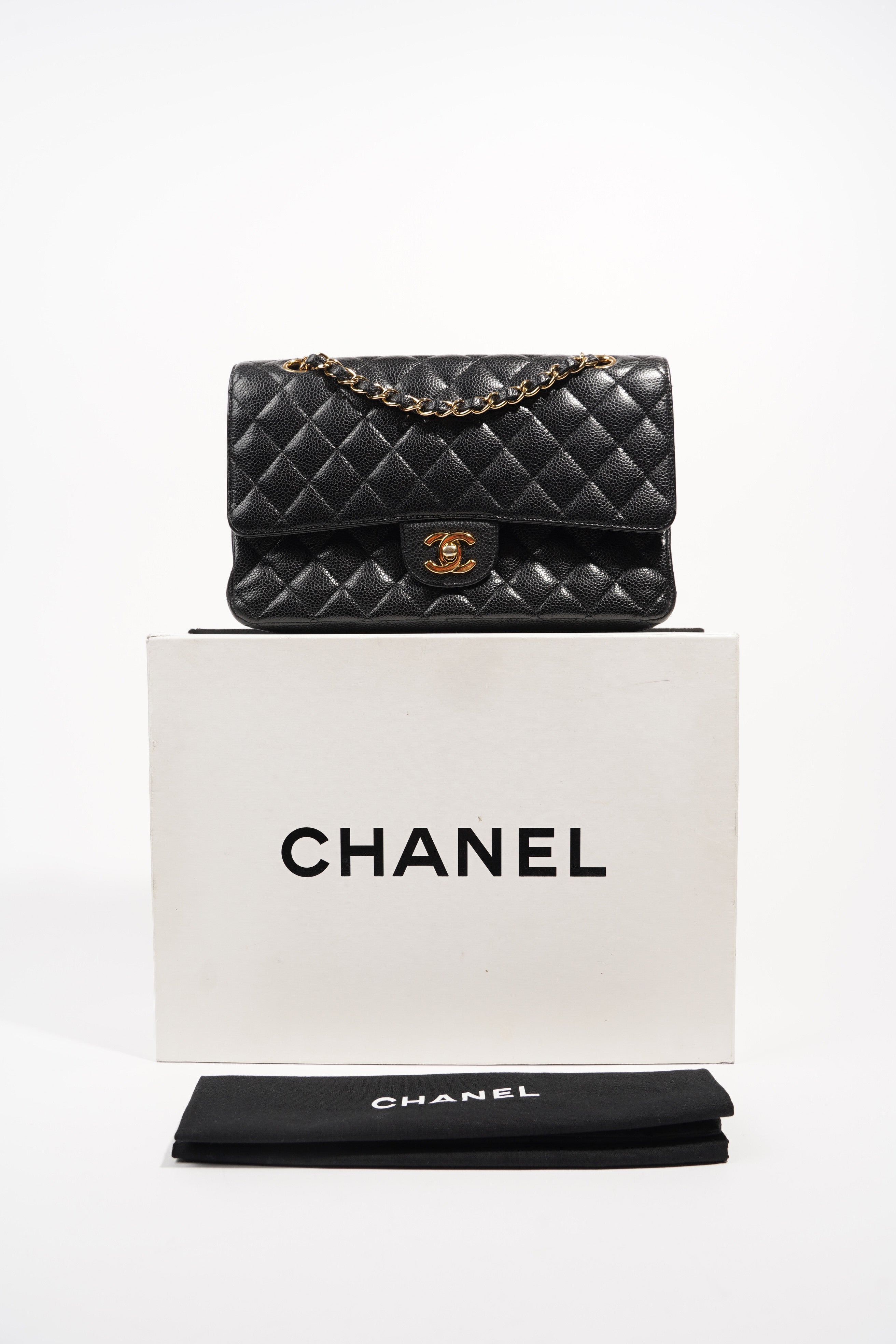 Chanel Womens Classic Flap Black Gold Medium