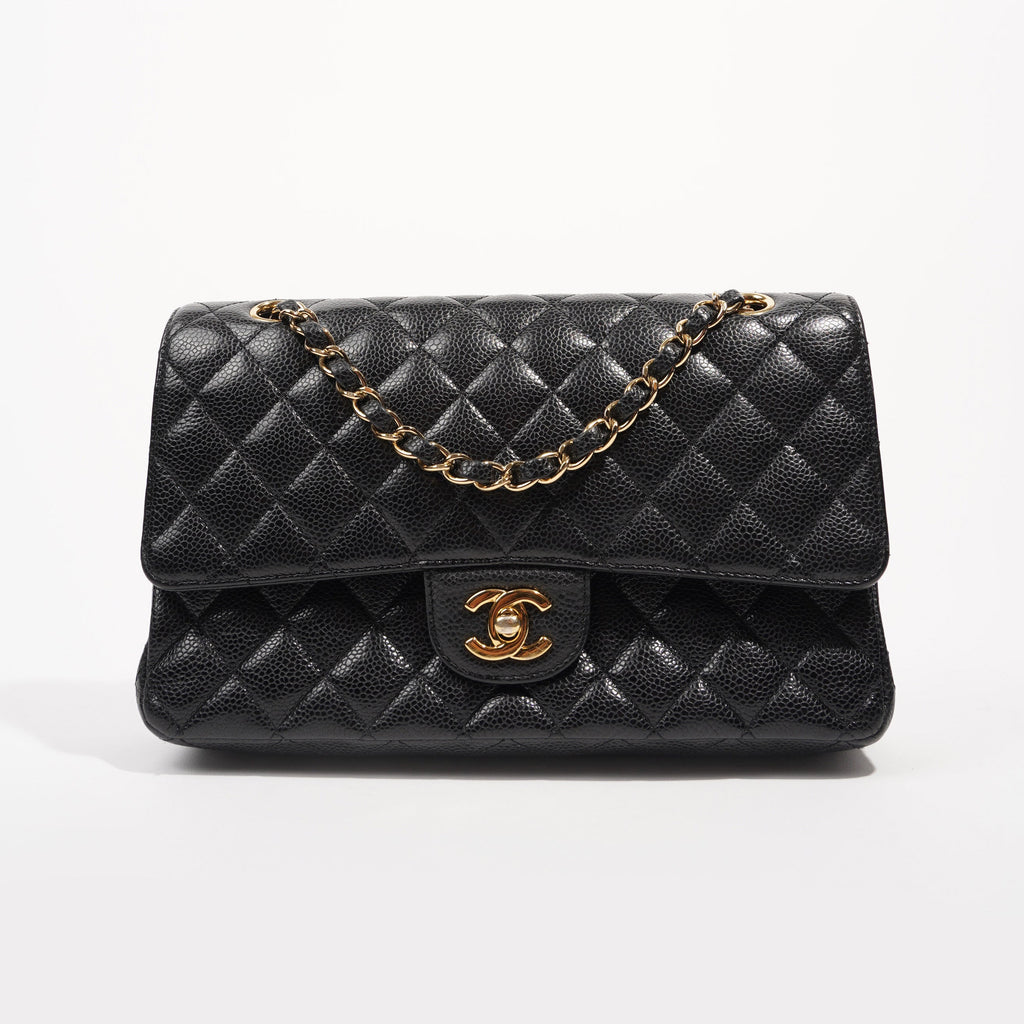 Chanel Womens Classic Flap Black Gold Medium
