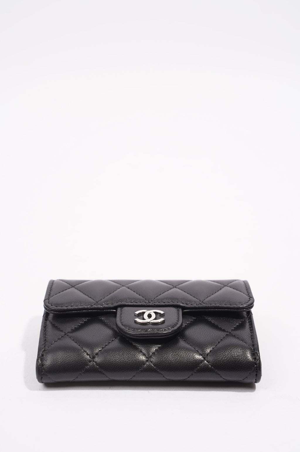 Chanel Womens Lambskin Quilted Flap Card Holder Black Leather