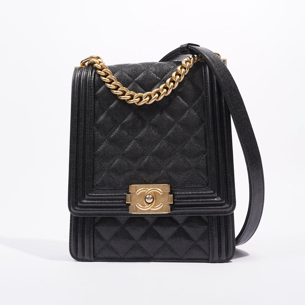 Chanel Womens North South Boy Bag Black Caviar Leather / Gold