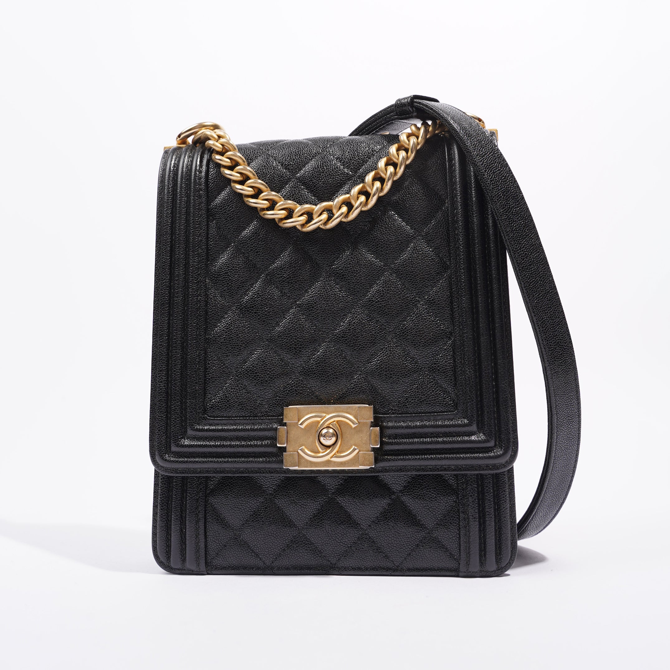 Chanel Womens North South Boy Bag Black Caviar Leather / Gold