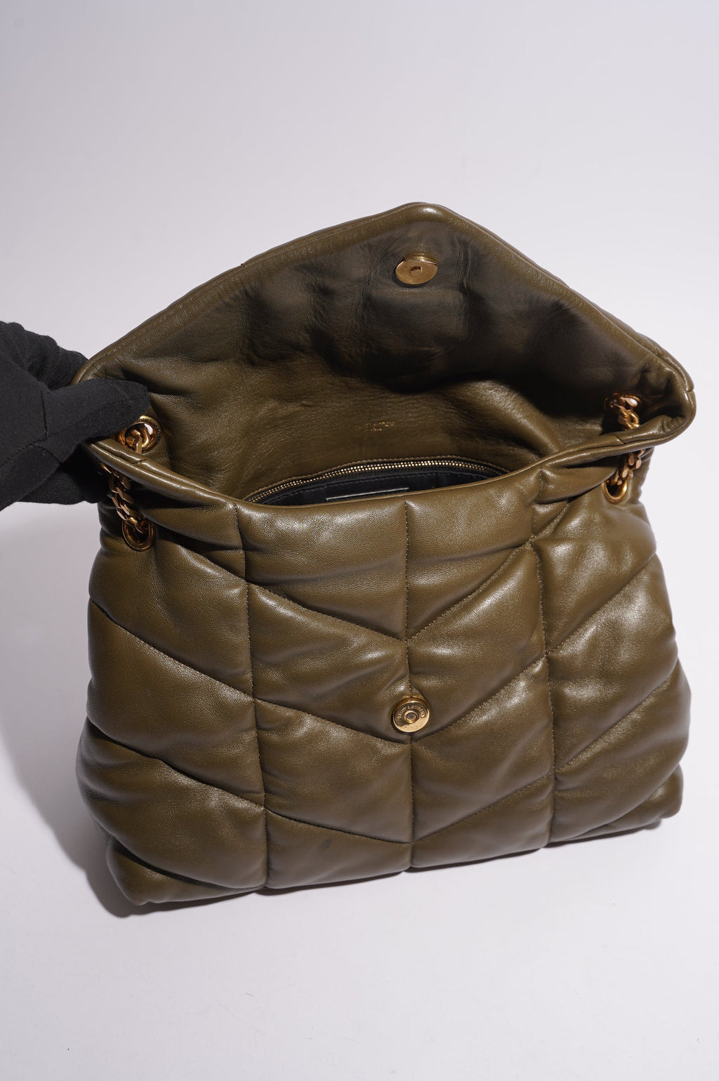 Saint Laurent Womens Lou Lou Puffer Khaki Medium