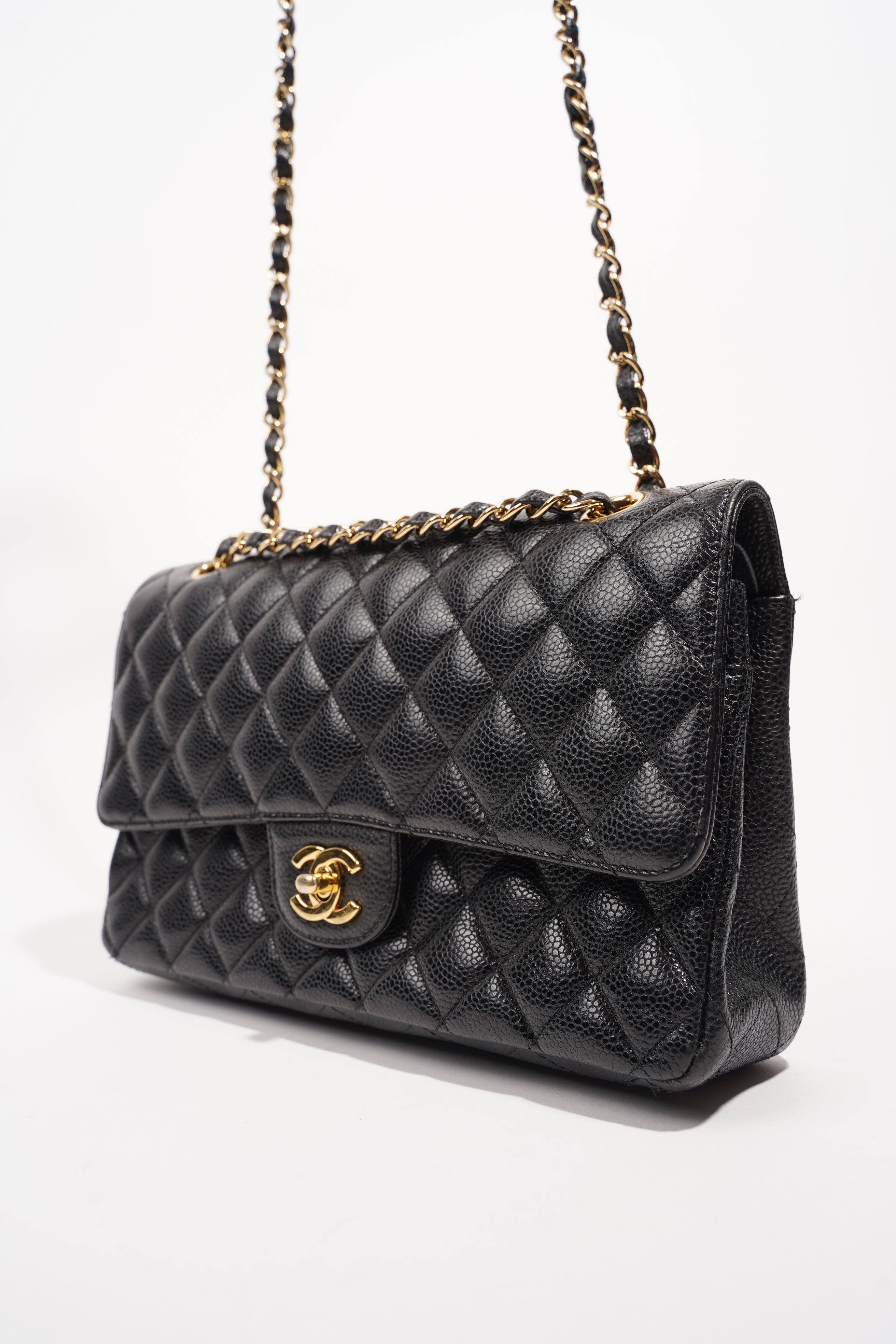 Chanel Womens Classic Flap Black Gold Medium