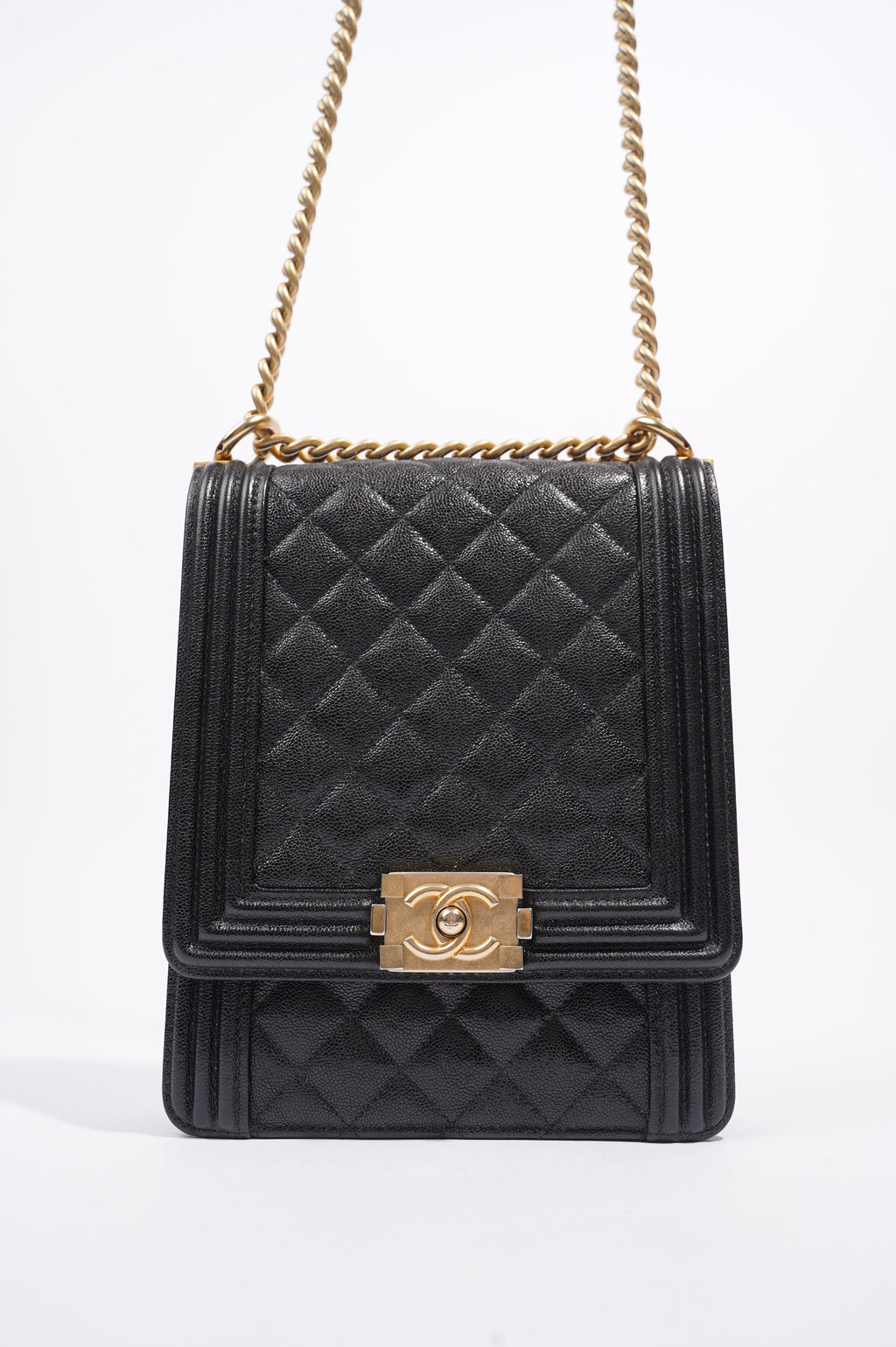 Chanel Womens North South Boy Bag Black Caviar Leather / Gold