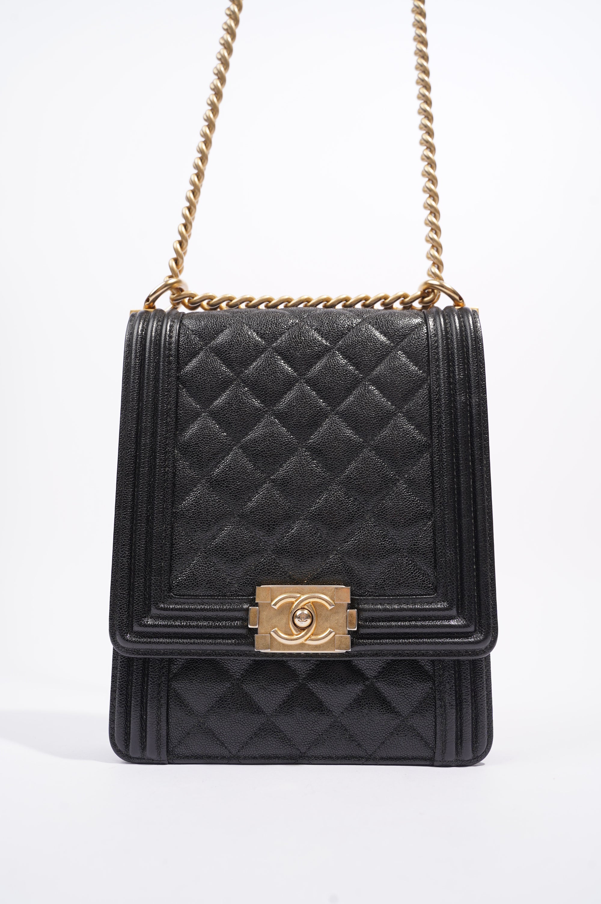 Chanel Womens North South Boy Bag Black Caviar Leather / Gold