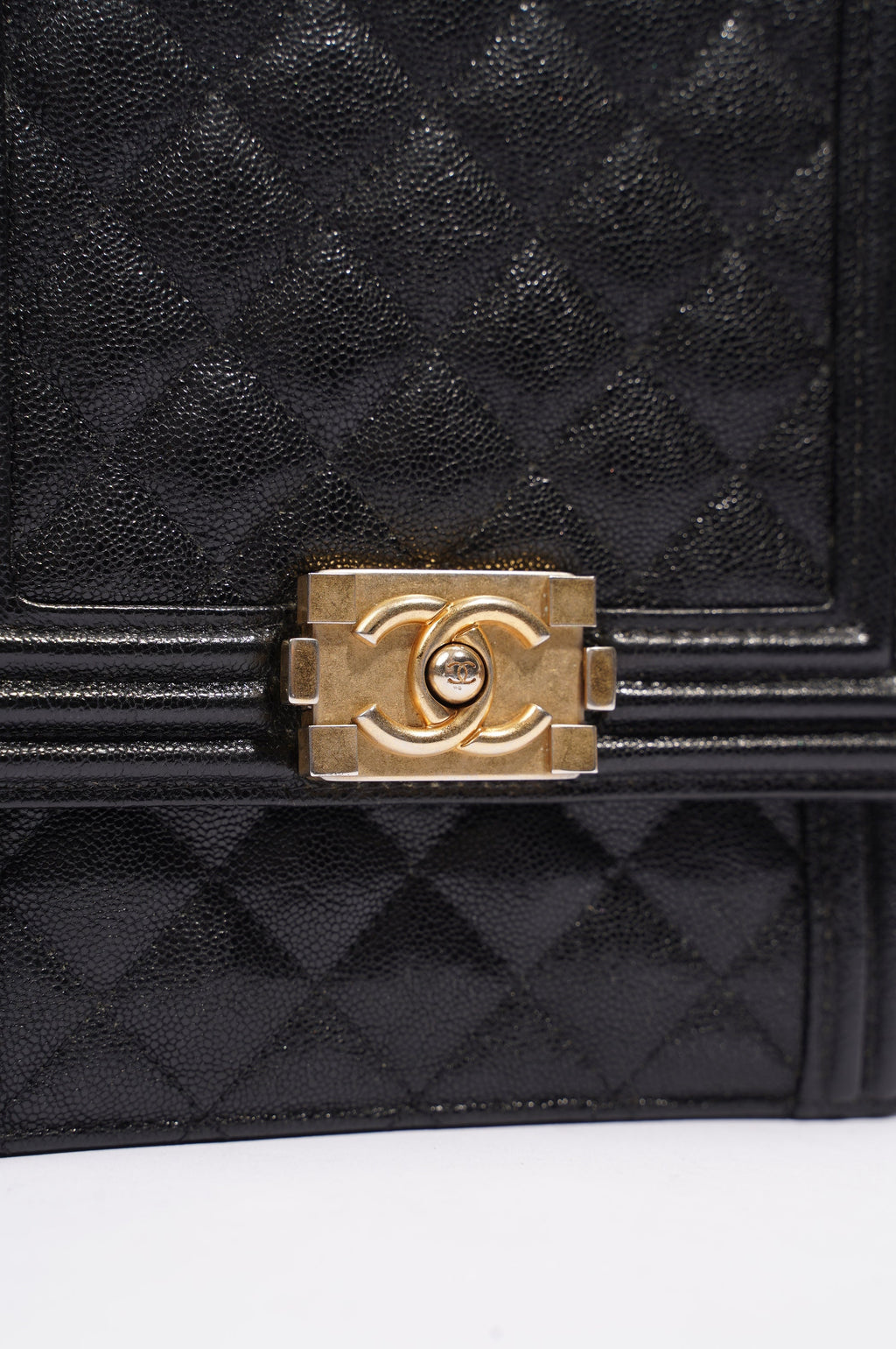 Chanel Womens North South Boy Bag Black Caviar Leather / Gold