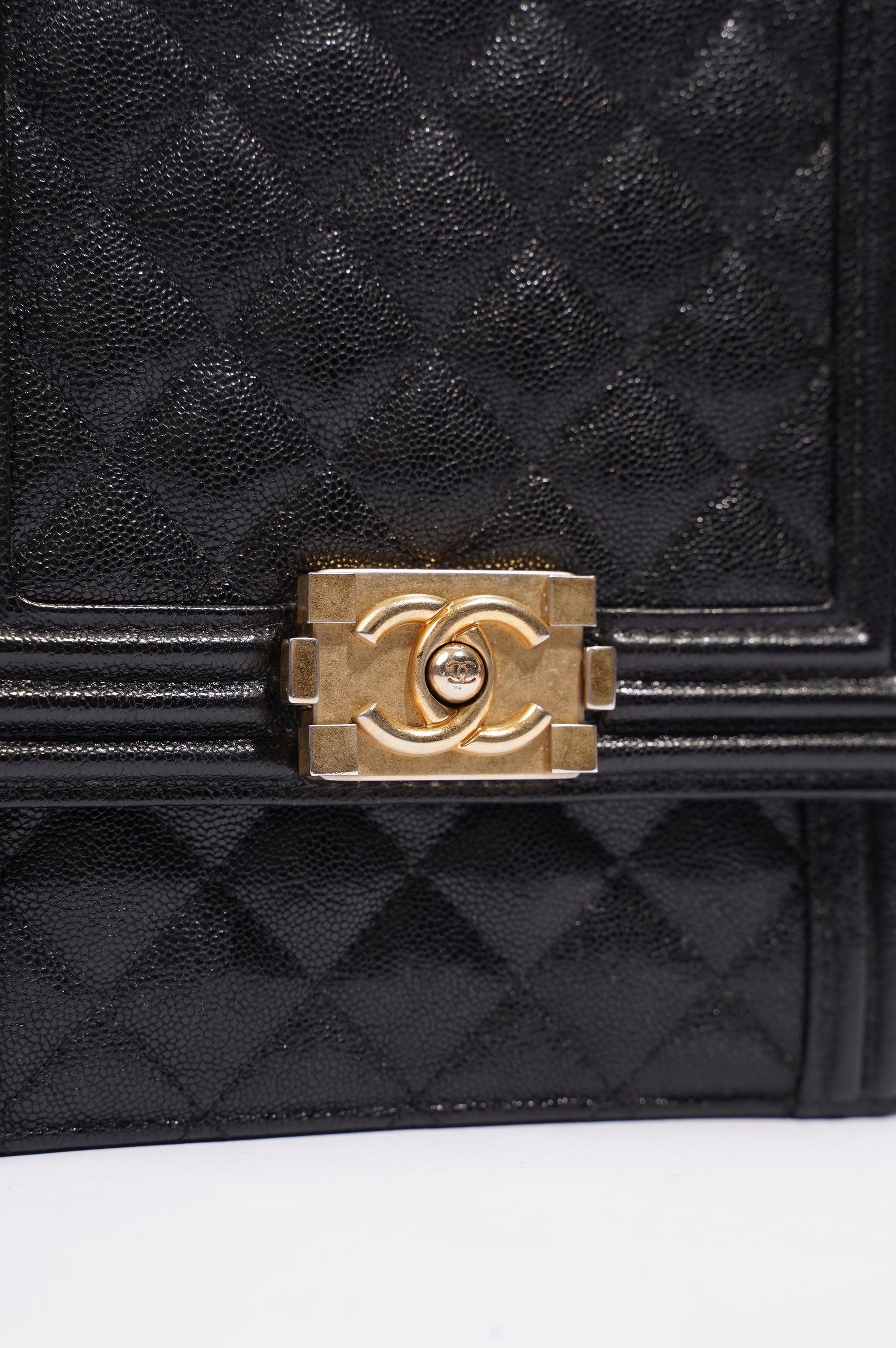 Chanel Womens North South Boy Bag Black Caviar Leather / Gold