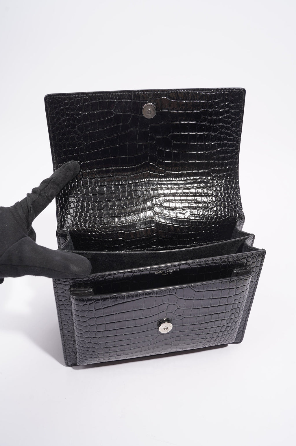 Saint Laurent Womens Sunset Bag Black Croc Medium