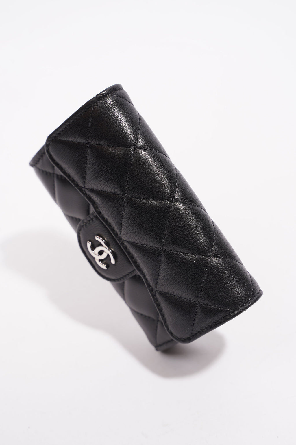 Chanel Womens Lambskin Quilted Flap Card Holder Black Leather