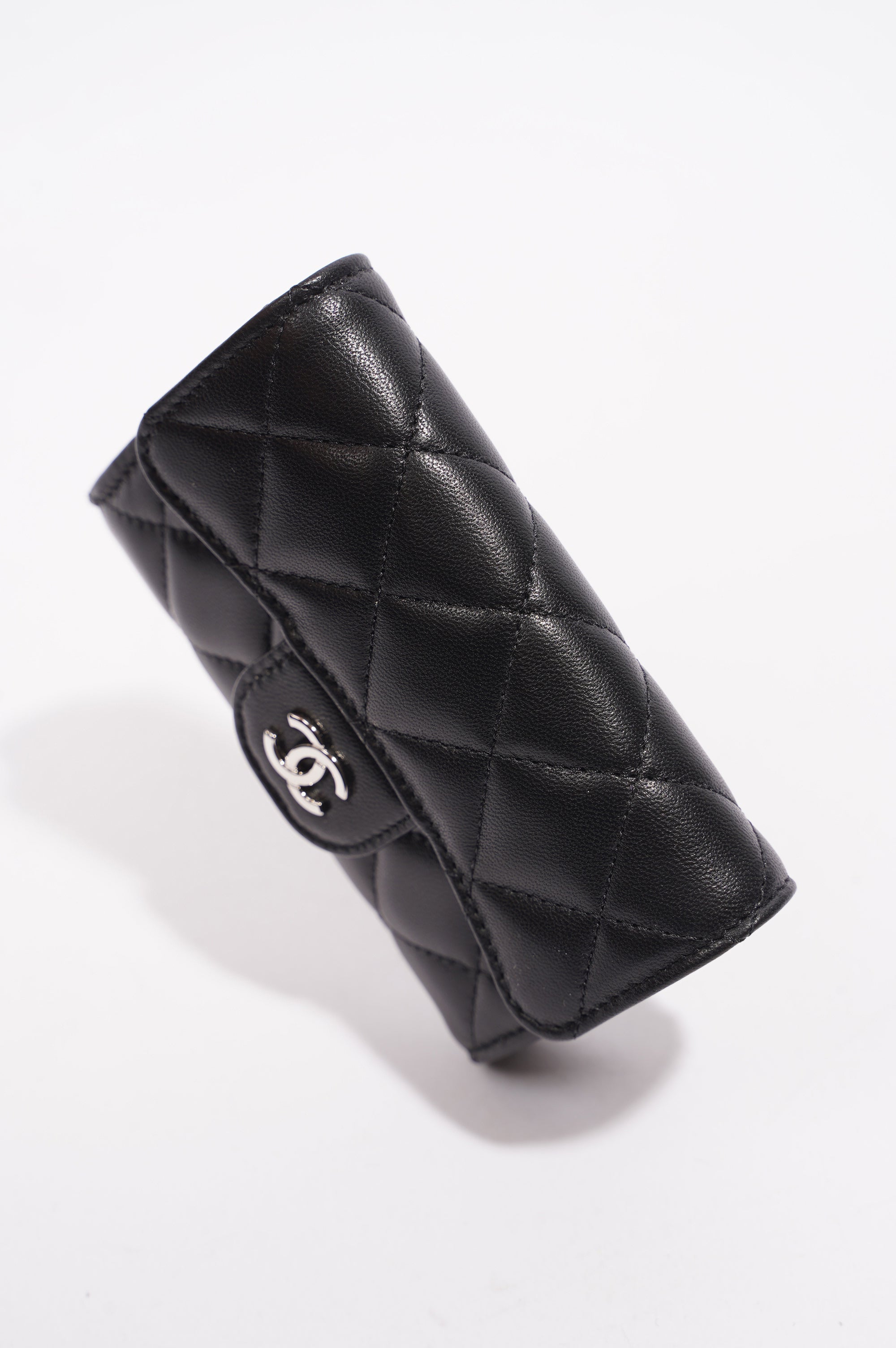 Chanel Womens Lambskin Quilted Flap Card Holder Black Leather