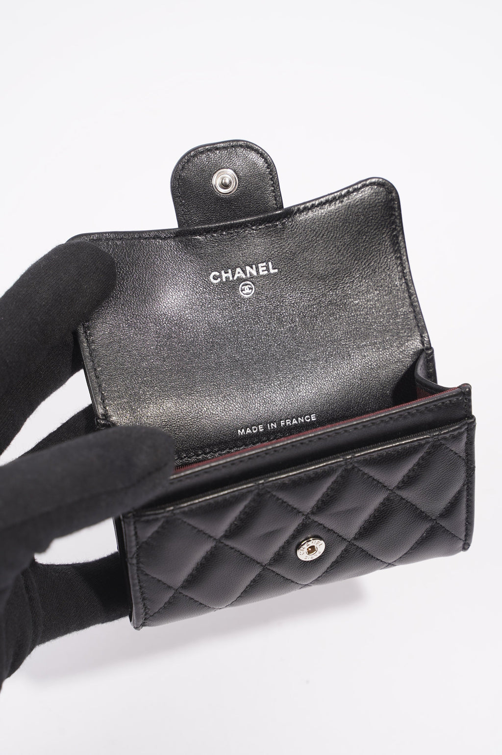 Chanel Womens Lambskin Quilted Flap Card Holder Black Leather