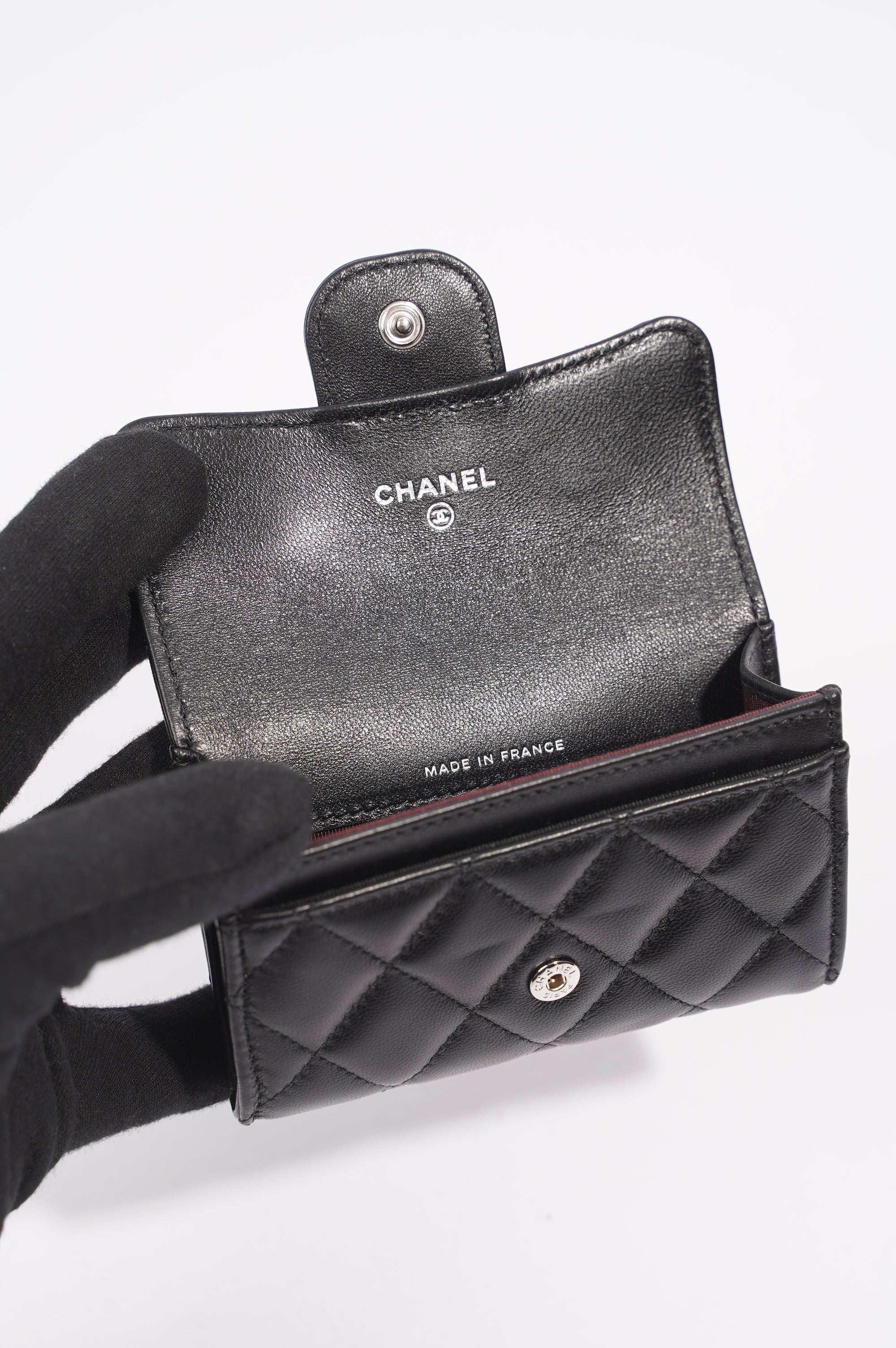 Chanel Womens Lambskin Quilted Flap Card Holder Black Leather