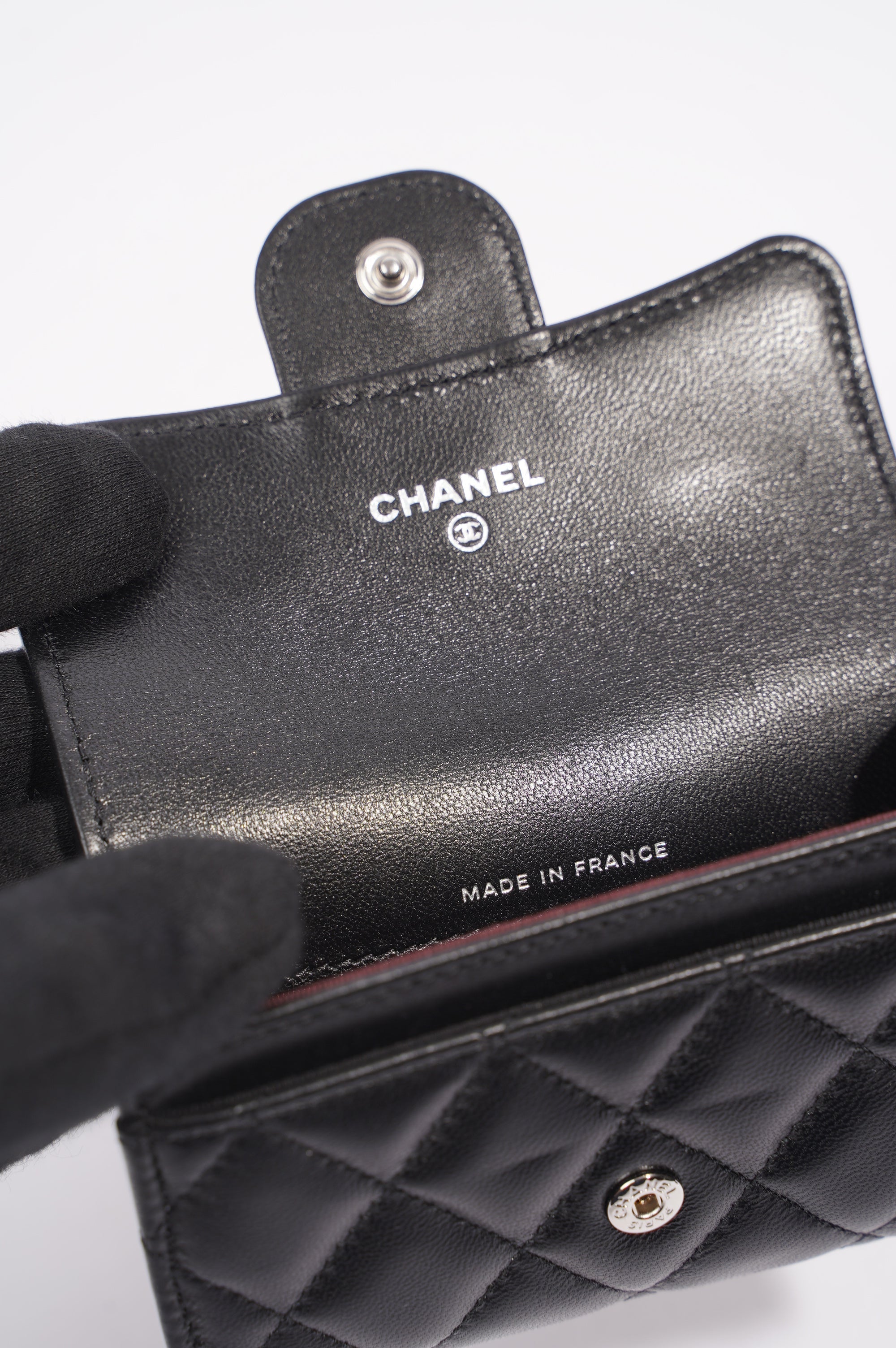 Chanel Womens Lambskin Quilted Flap Card Holder Black Leather
