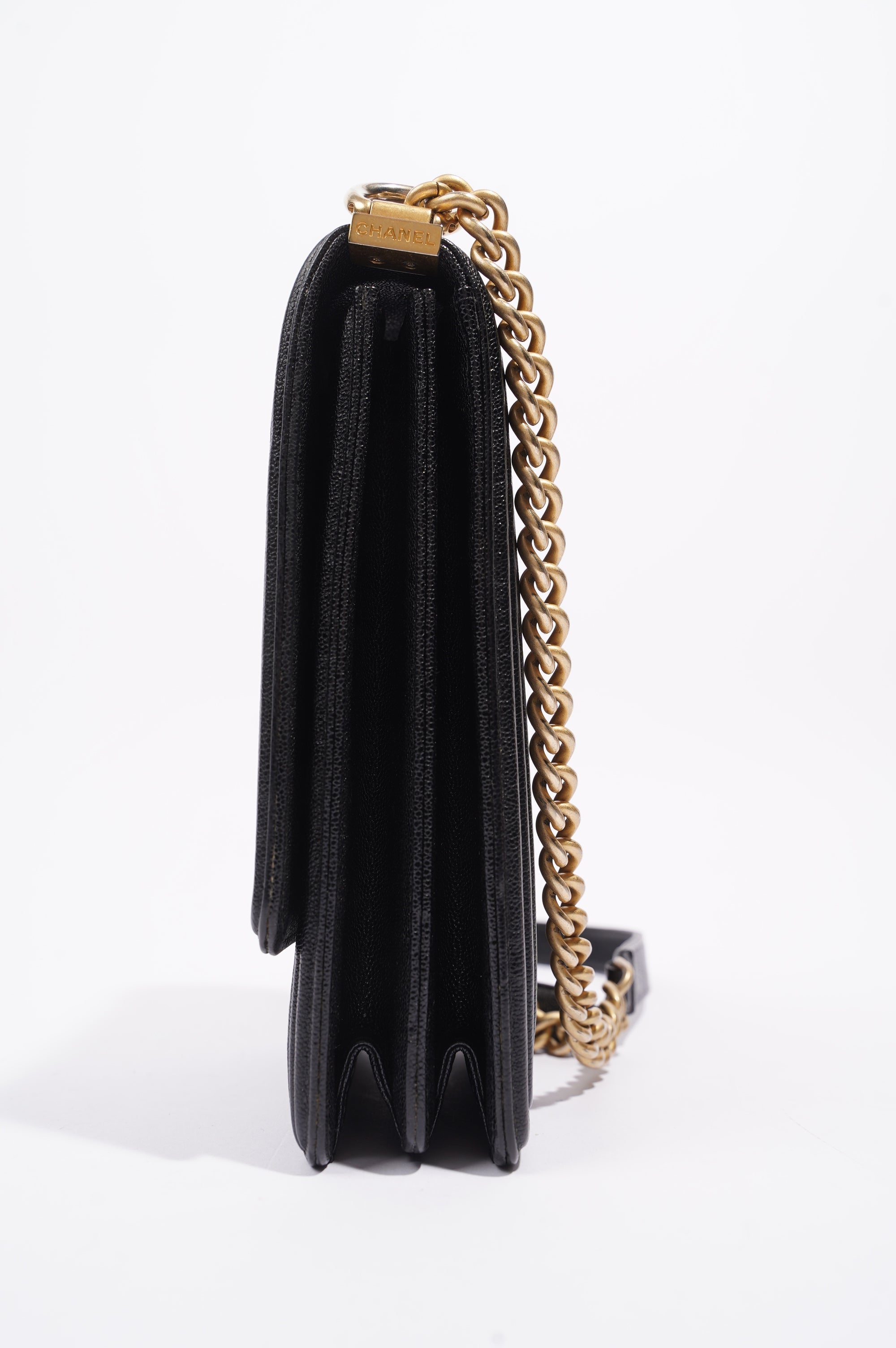 Chanel Womens North South Boy Bag Black Caviar Leather / Gold