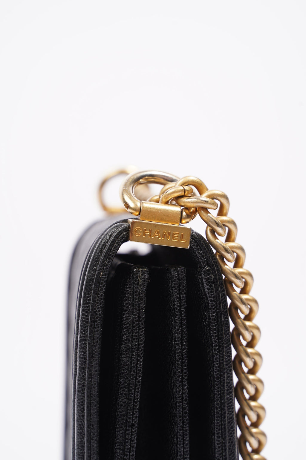 Chanel Womens North South Boy Bag Black Caviar Leather / Gold