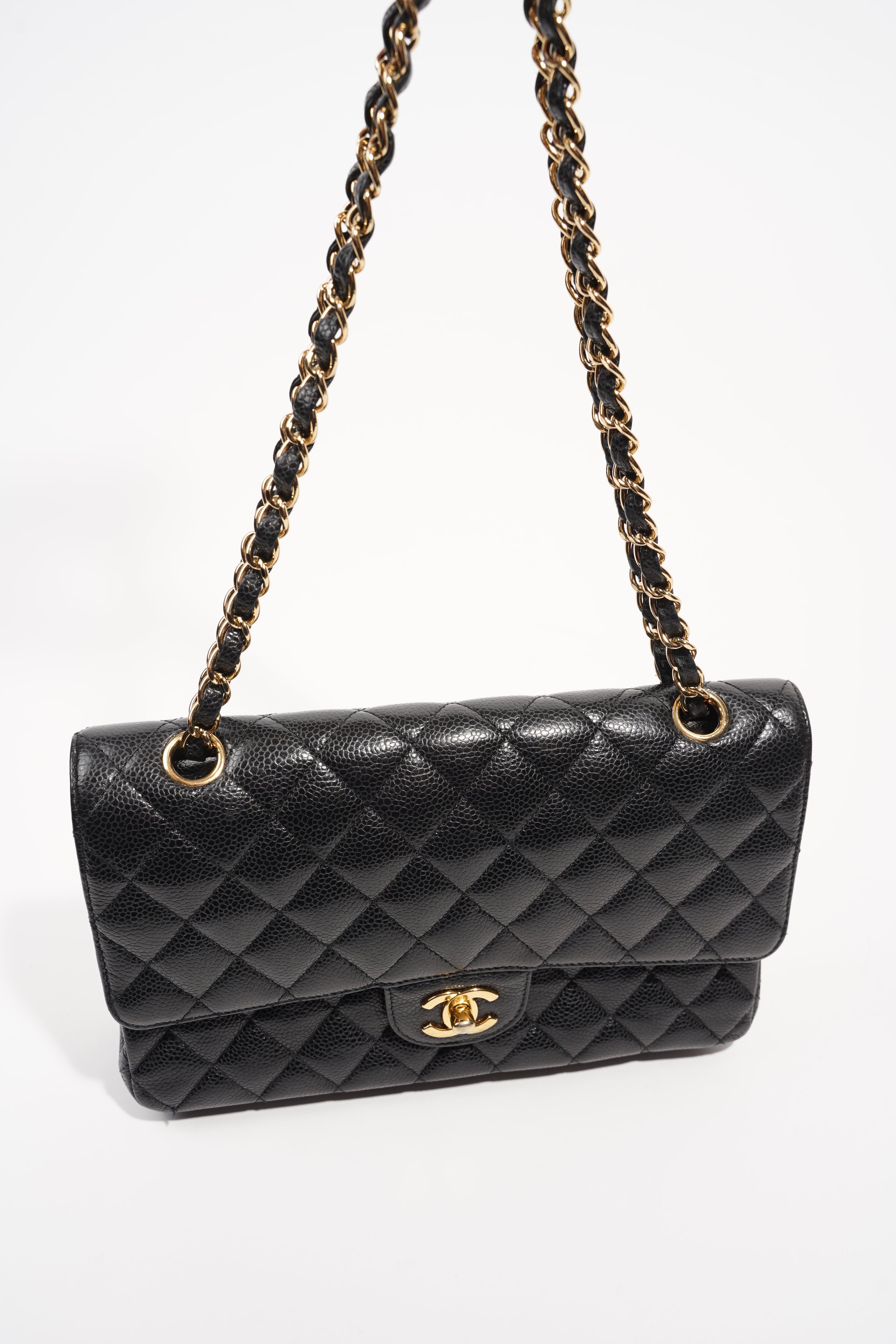Chanel Womens Classic Flap Black Gold Medium