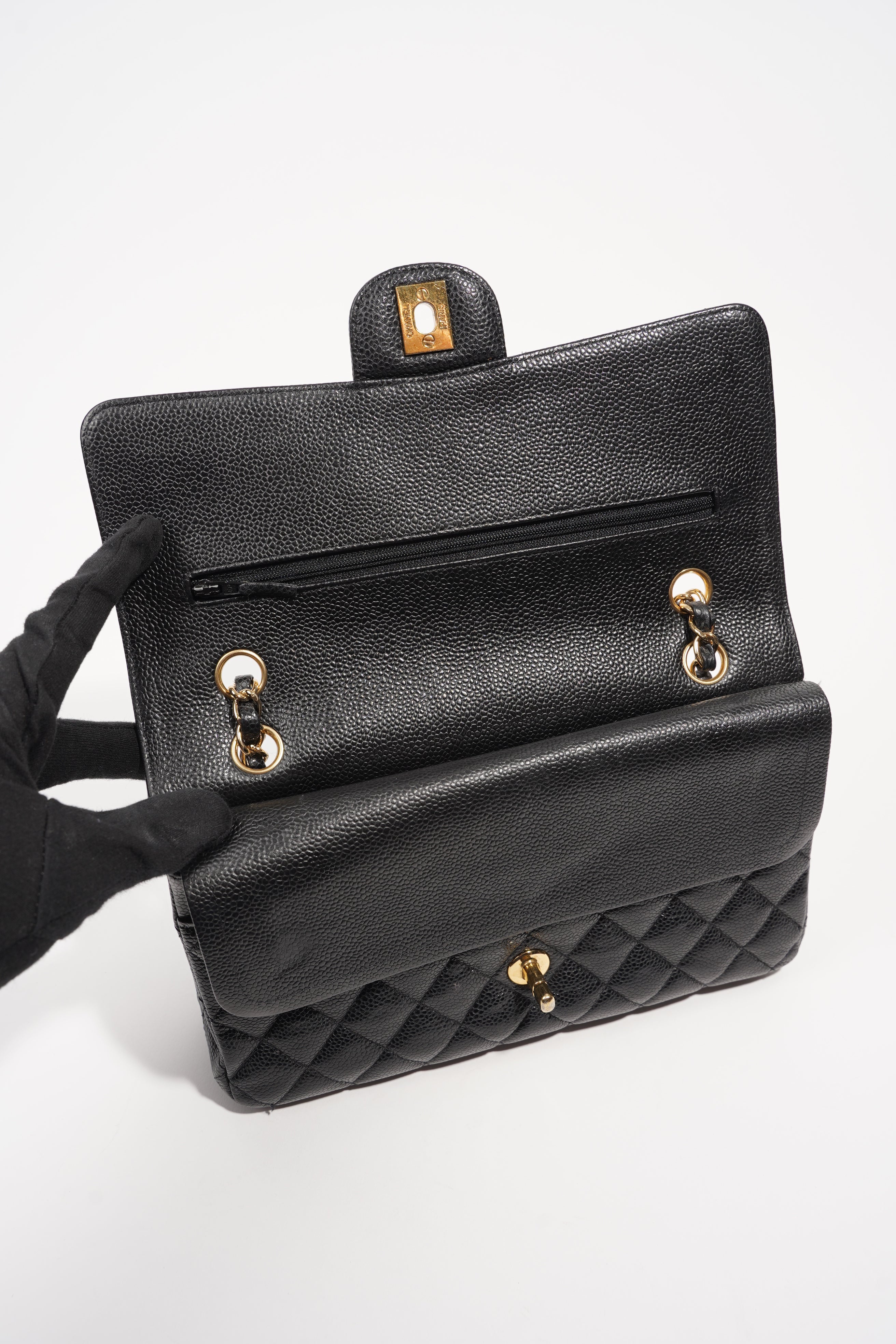 Chanel Womens Classic Flap Black Gold Medium