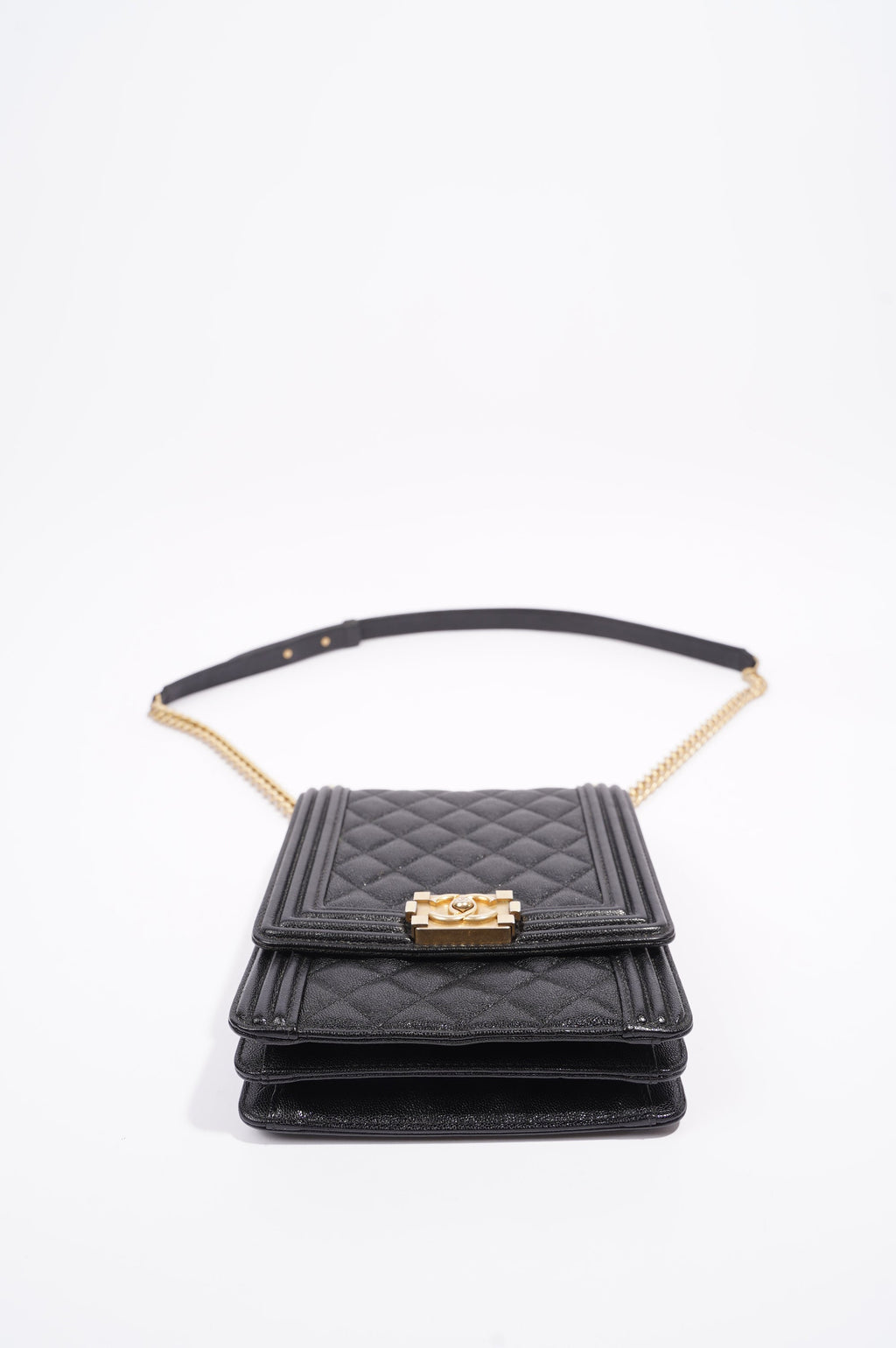 Chanel Womens North South Boy Bag Black Caviar Leather / Gold