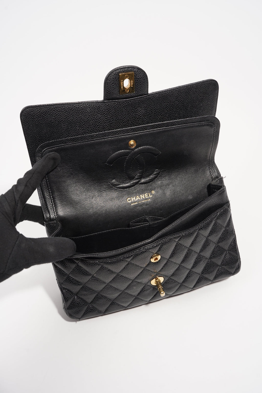 Chanel Womens Classic Flap Black Gold Medium