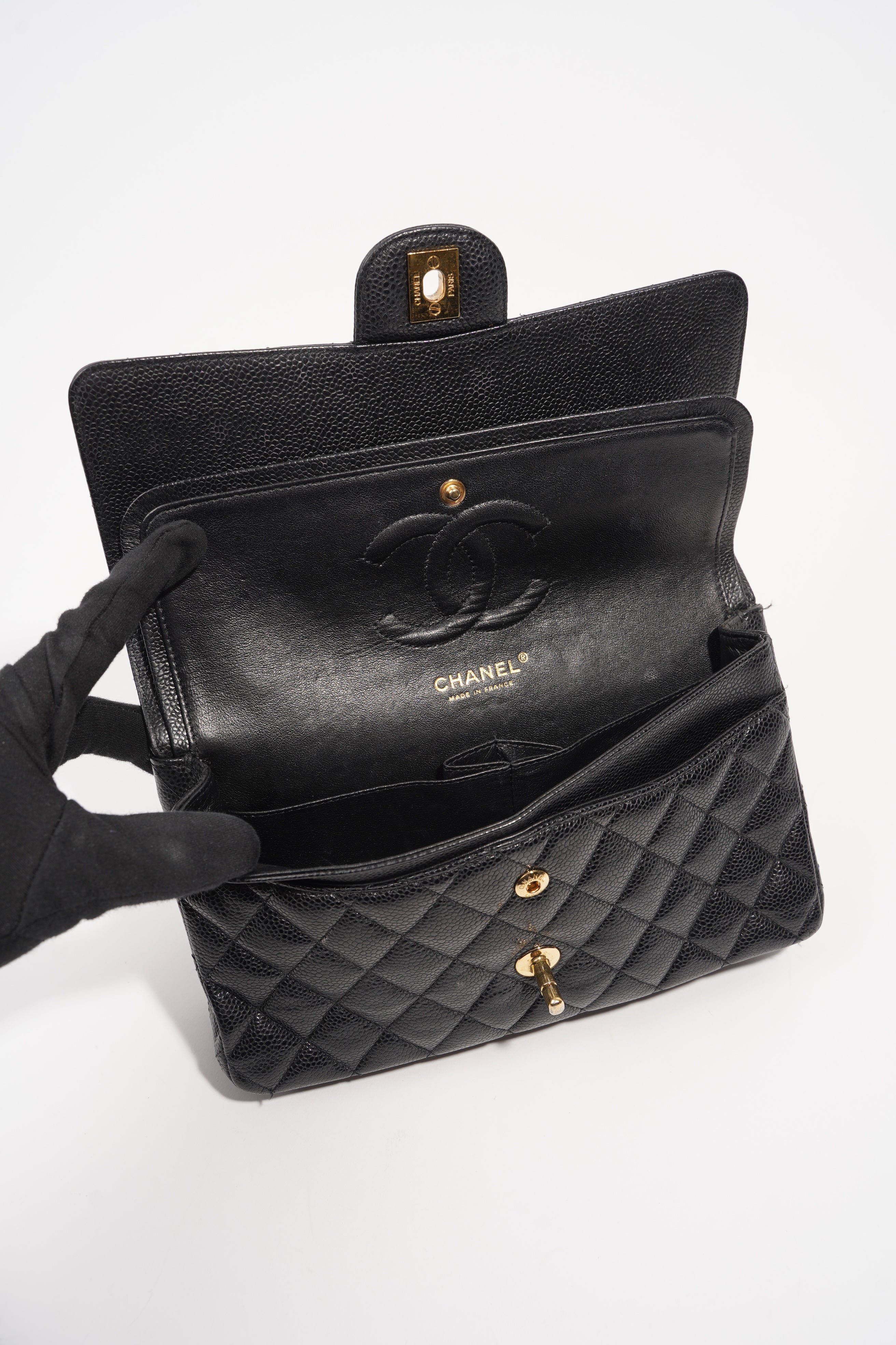Chanel Womens Classic Flap Black Gold Medium