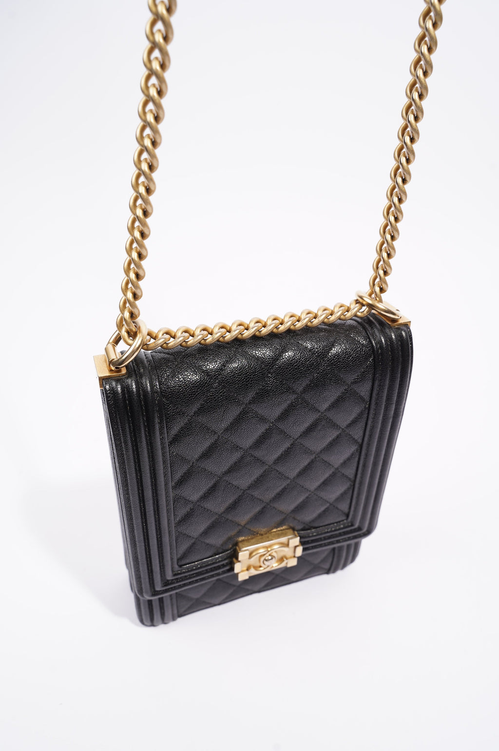 Chanel Womens North South Boy Bag Black Caviar Leather / Gold