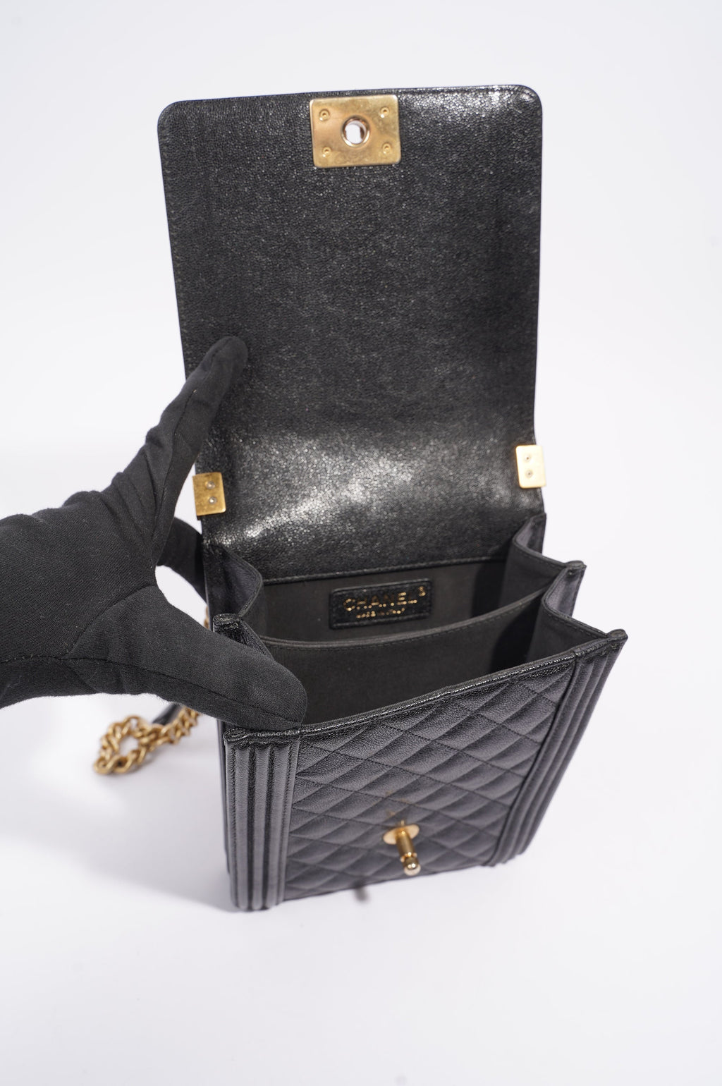 Chanel Womens North South Boy Bag Black Caviar Leather / Gold