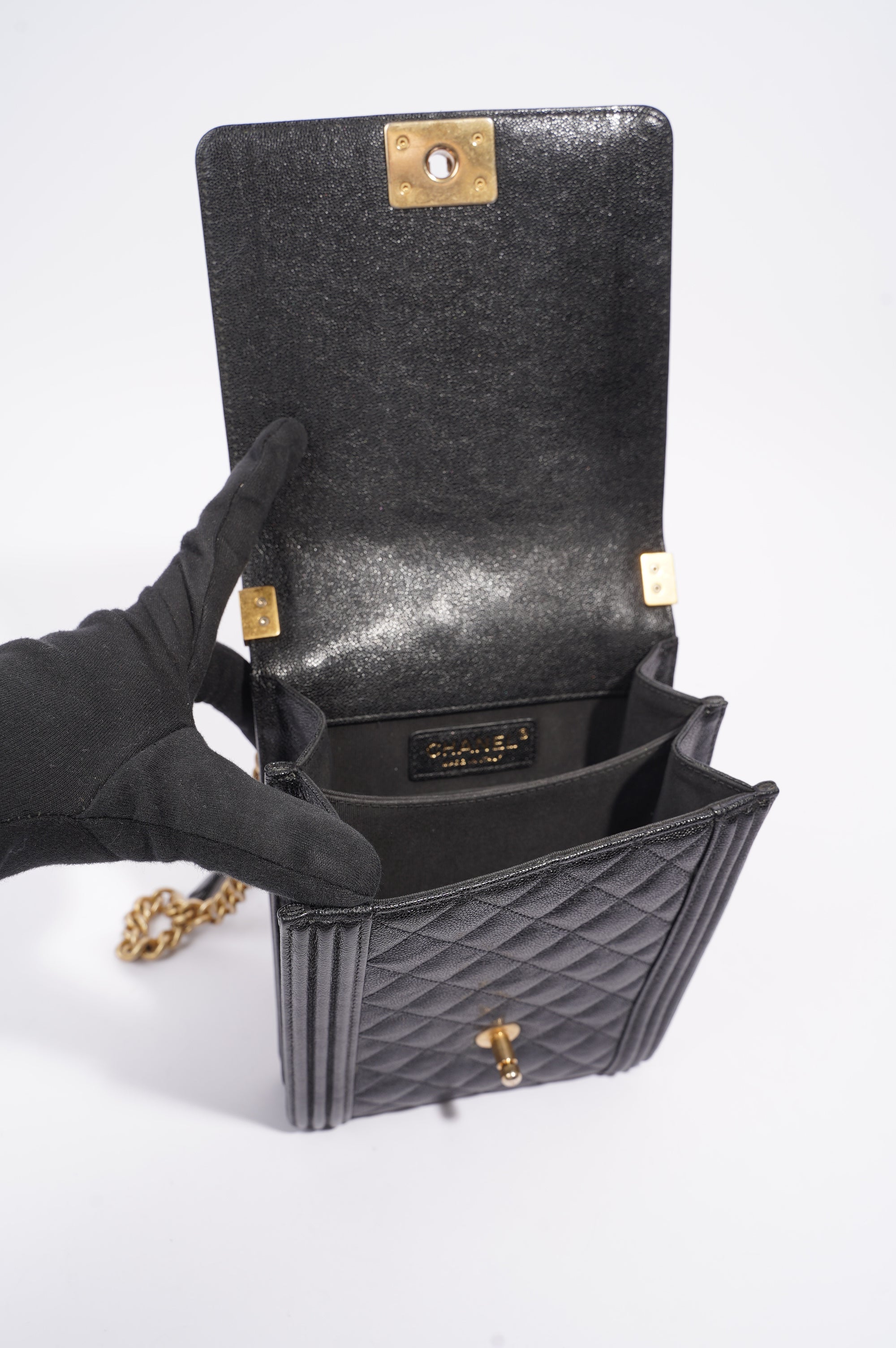 Chanel Womens North South Boy Bag Black Caviar Leather / Gold