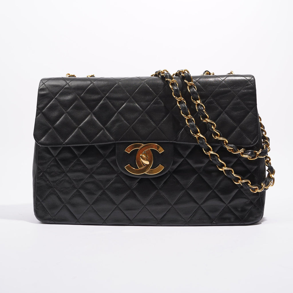 Chanel Womens Single Flap Black Lambskin / Gold Large