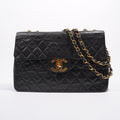 Chanel Womens Single Flap Black Lambskin / Gold Large
