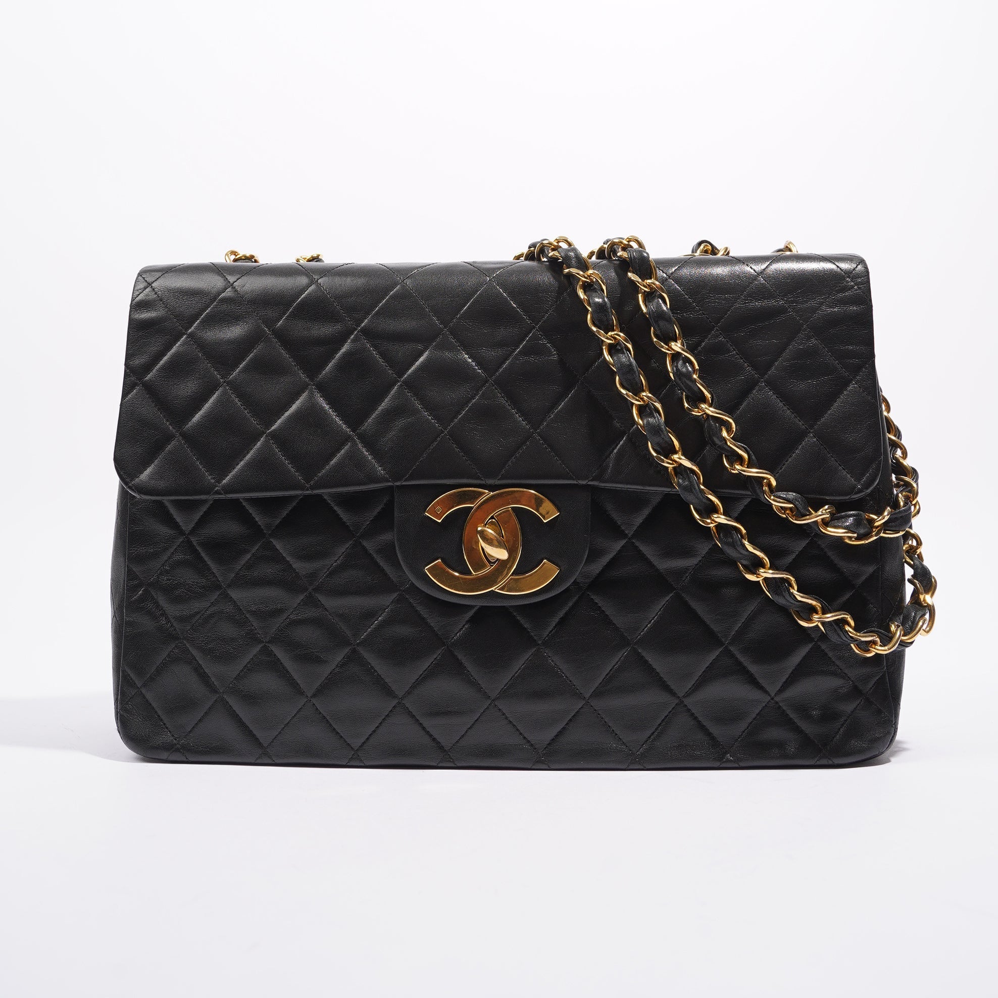 Chanel Womens Single Flap Black Lambskin / Gold Large